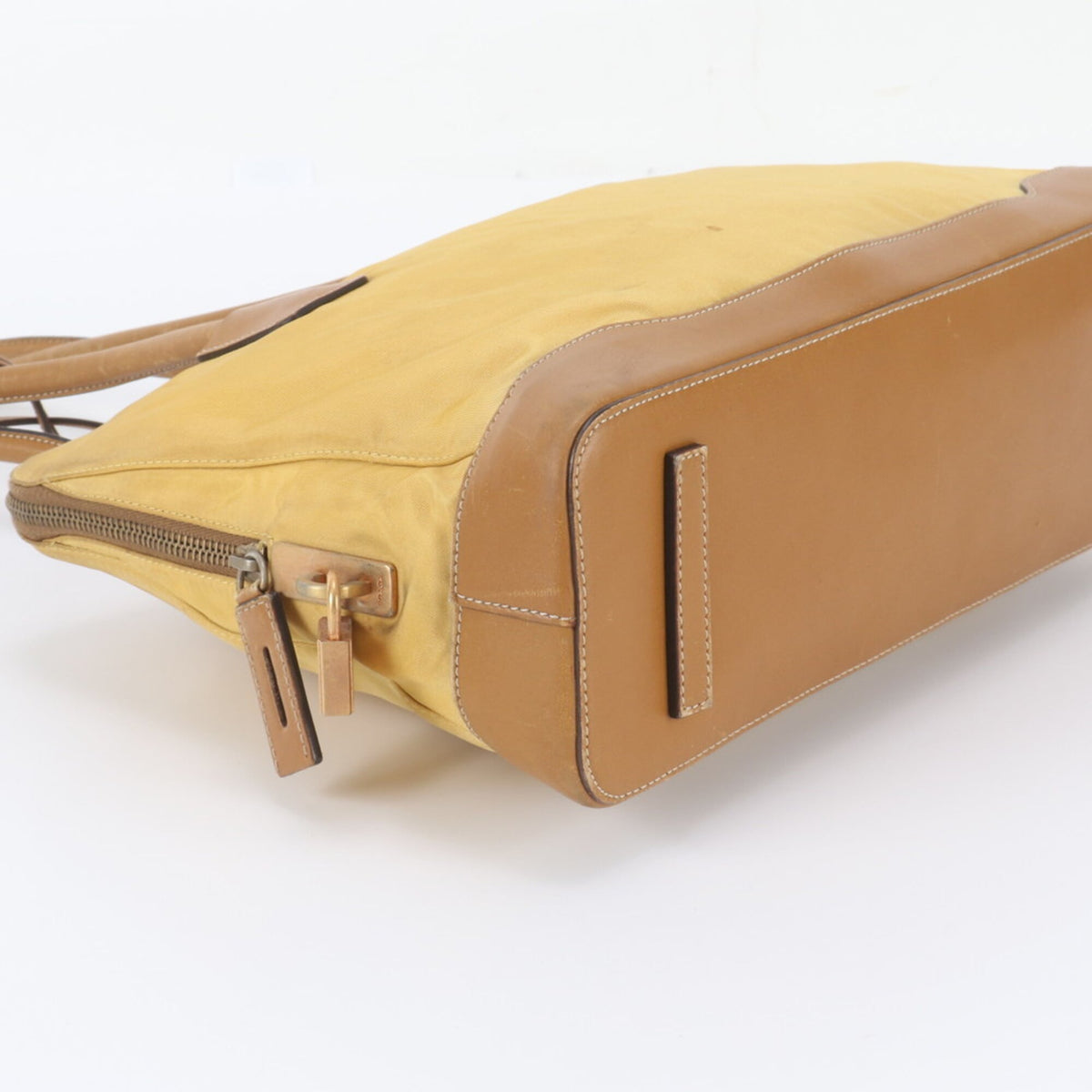 Prada Brown Yellow Leather Nylon Tote Bag (Pre-Owned)