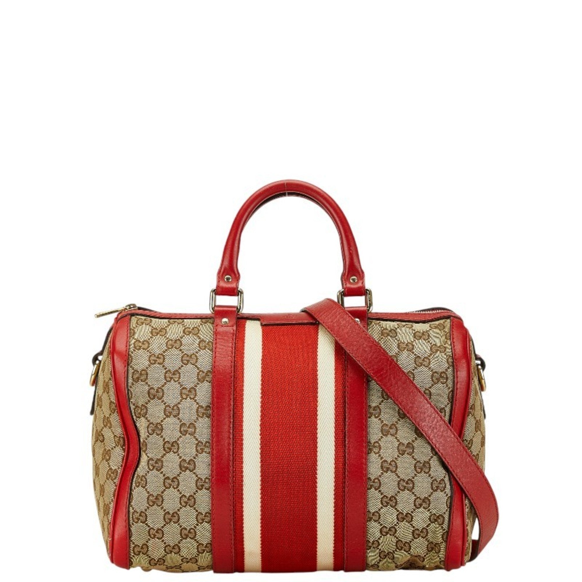 Gucci Beige Red Color Canvas Leather Boston Bag Shoulder Bag (Pre-Owned)