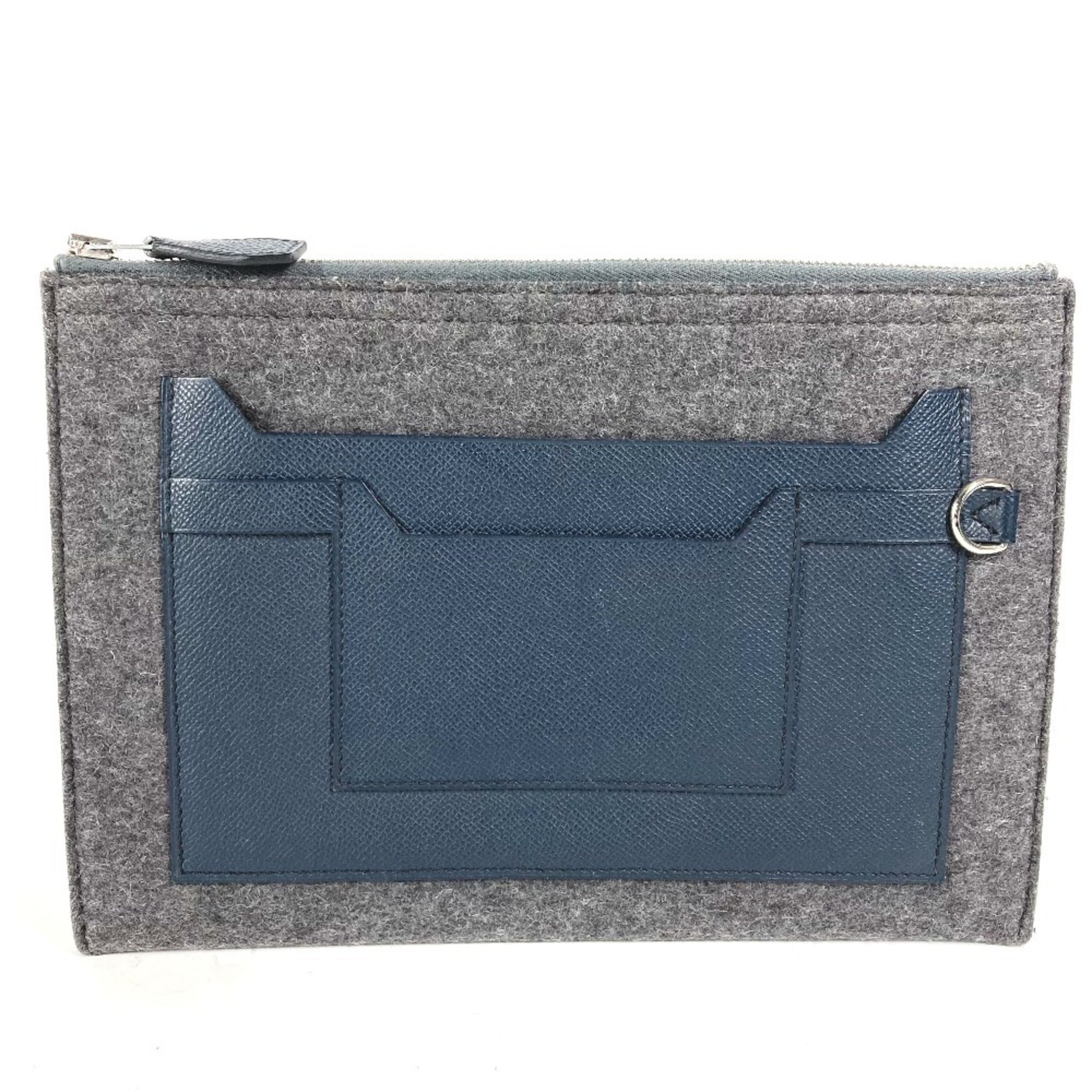 Hermes Bicolor Gray Navy Felt Leather Clutch Bag Pouch (Pre-Owned)