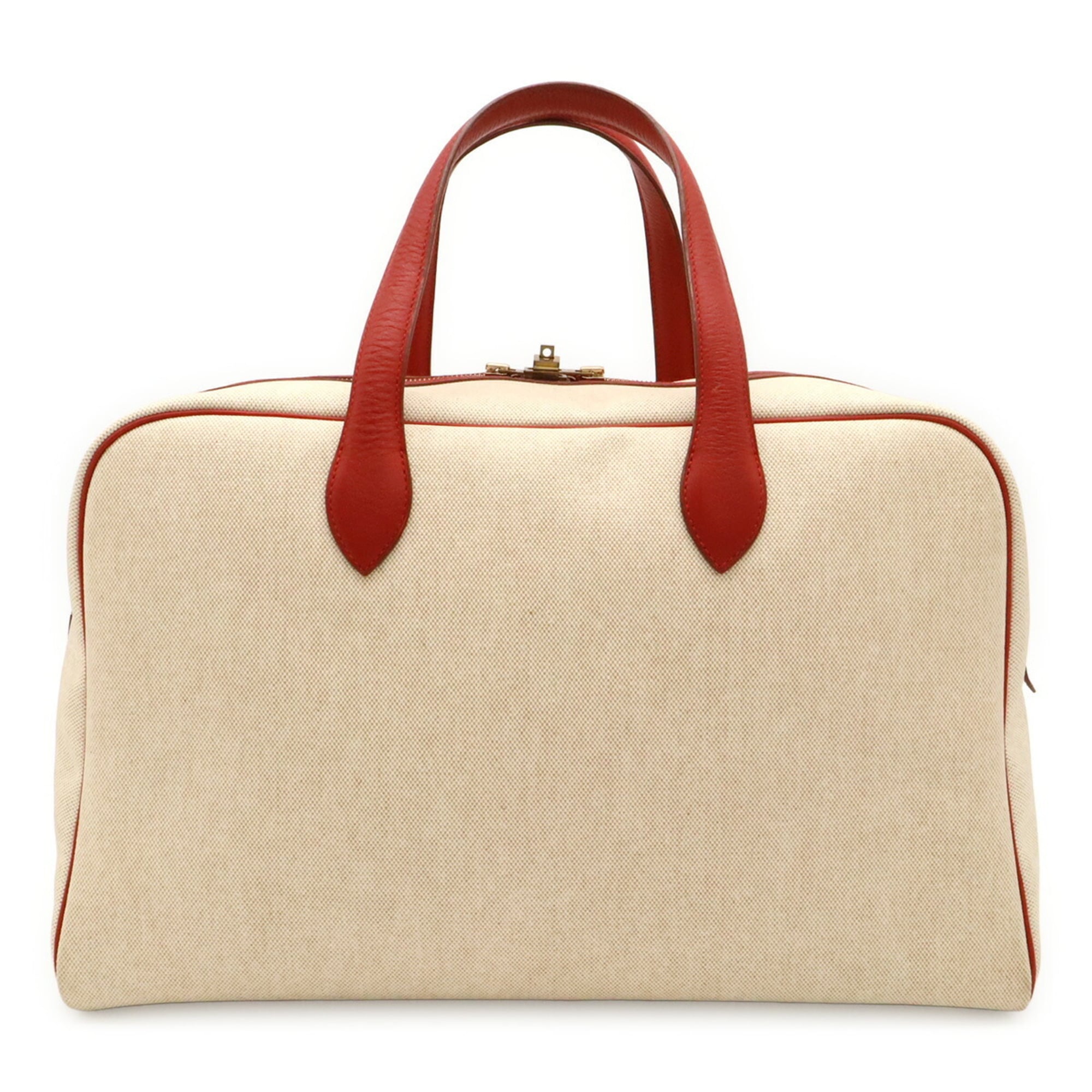 Hermes Beige Red Color Toile H Leather Boston Bag (Pre-Owned)