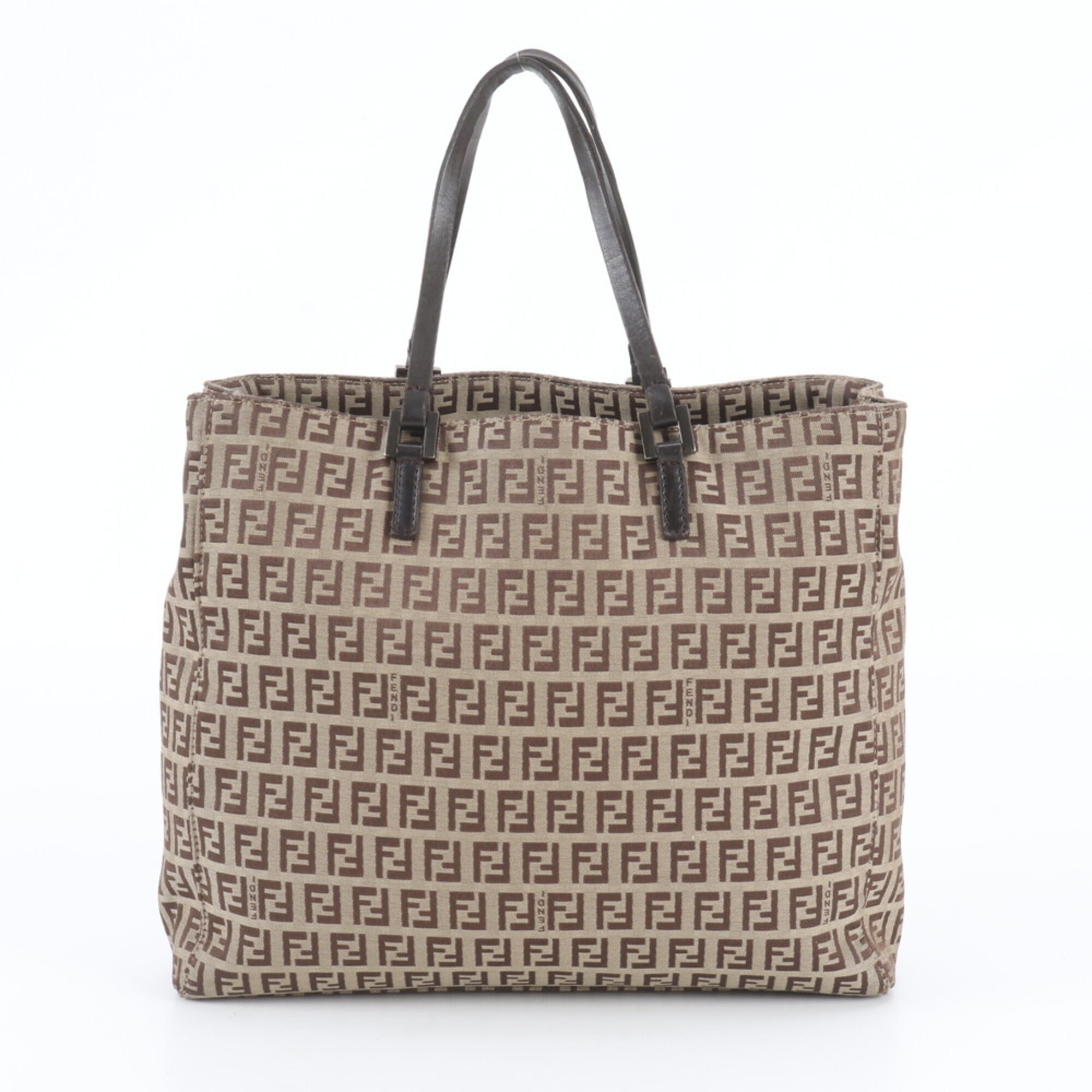 Fendi Brown Leather Canvas Handbag Shoulder Bag Tote Bag (Pre-Owned)