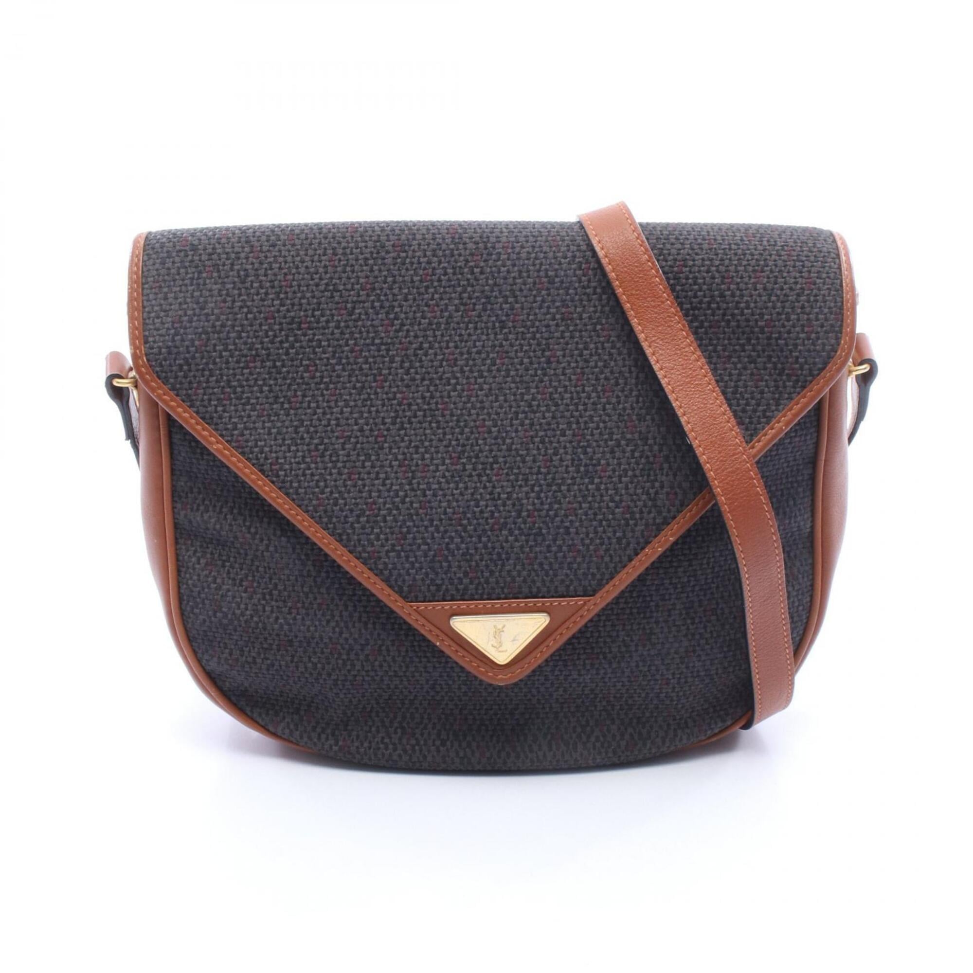 Yves Saint Laurent Brown Gray Coated Canvas Leather Shoulder Bag (Pre-Owned)
