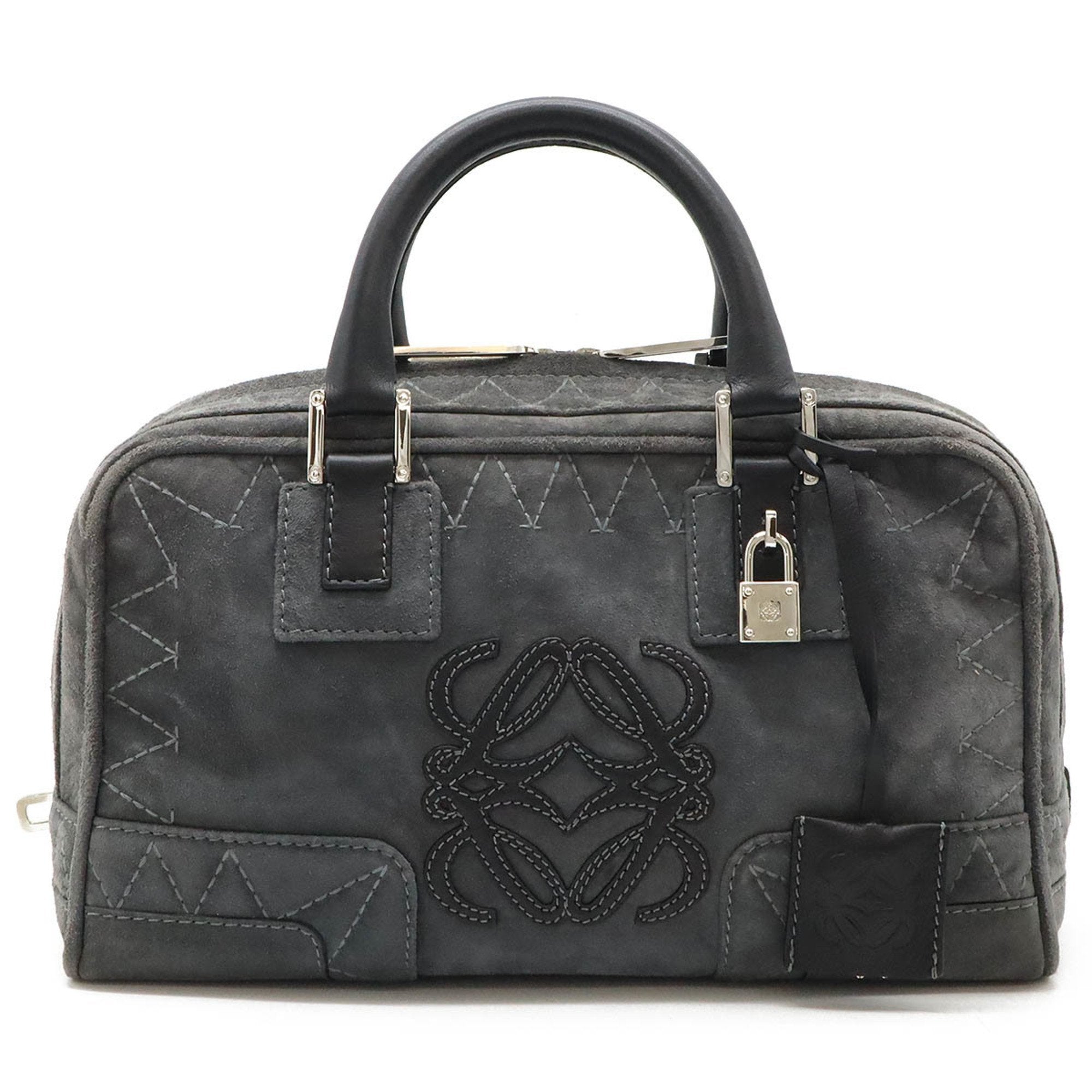 Loewe Black Gray Suede Leather Boston Bag Handbag (Pre-Owned)