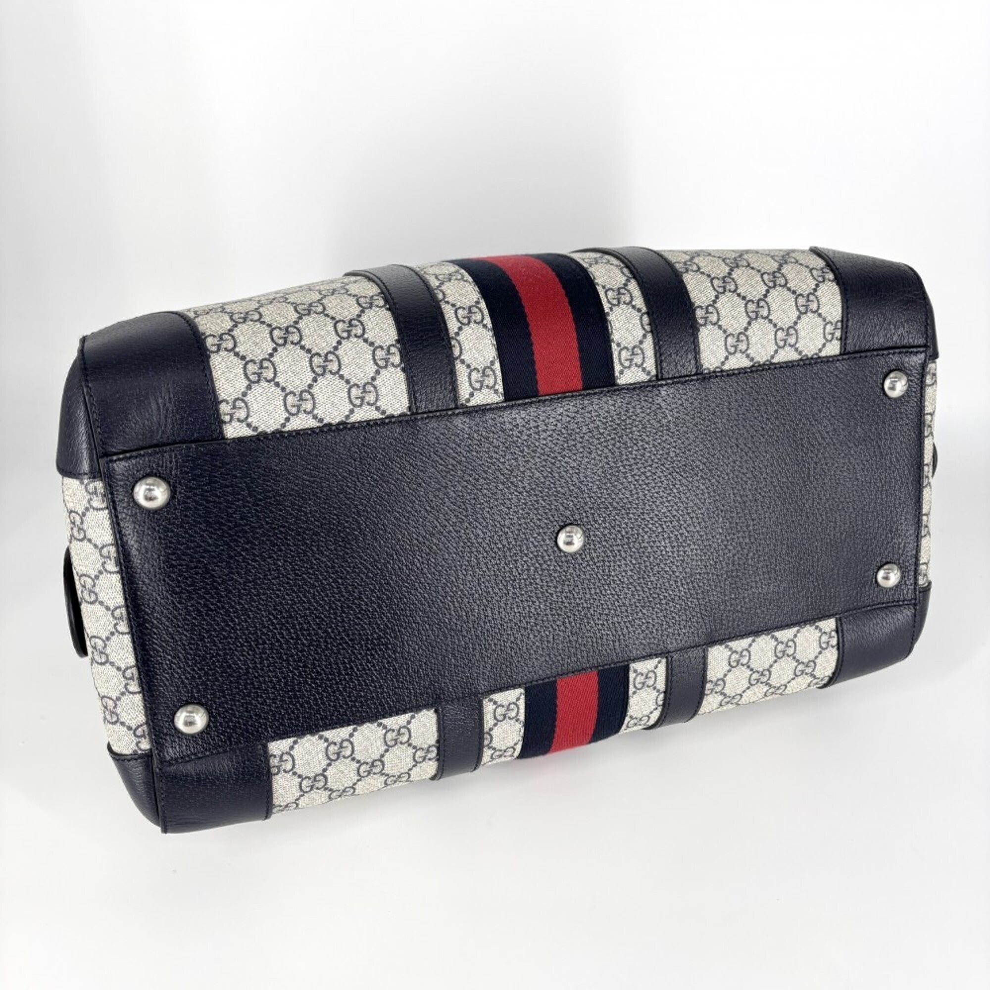 Gucci Beige Navy Gg Supreme Leather Boston Bag Handbag Shoulder Bag (Pre-Owned)