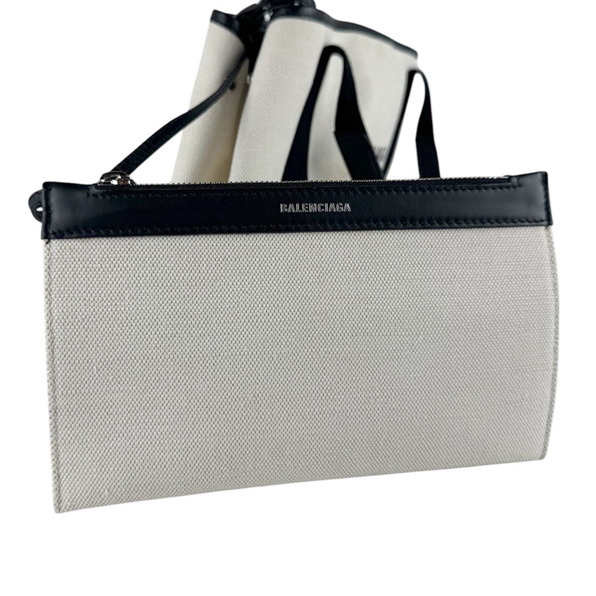 Balenciaga Black Ivory Canvas Leather Handbag Tote Bag (Pre-Owned)