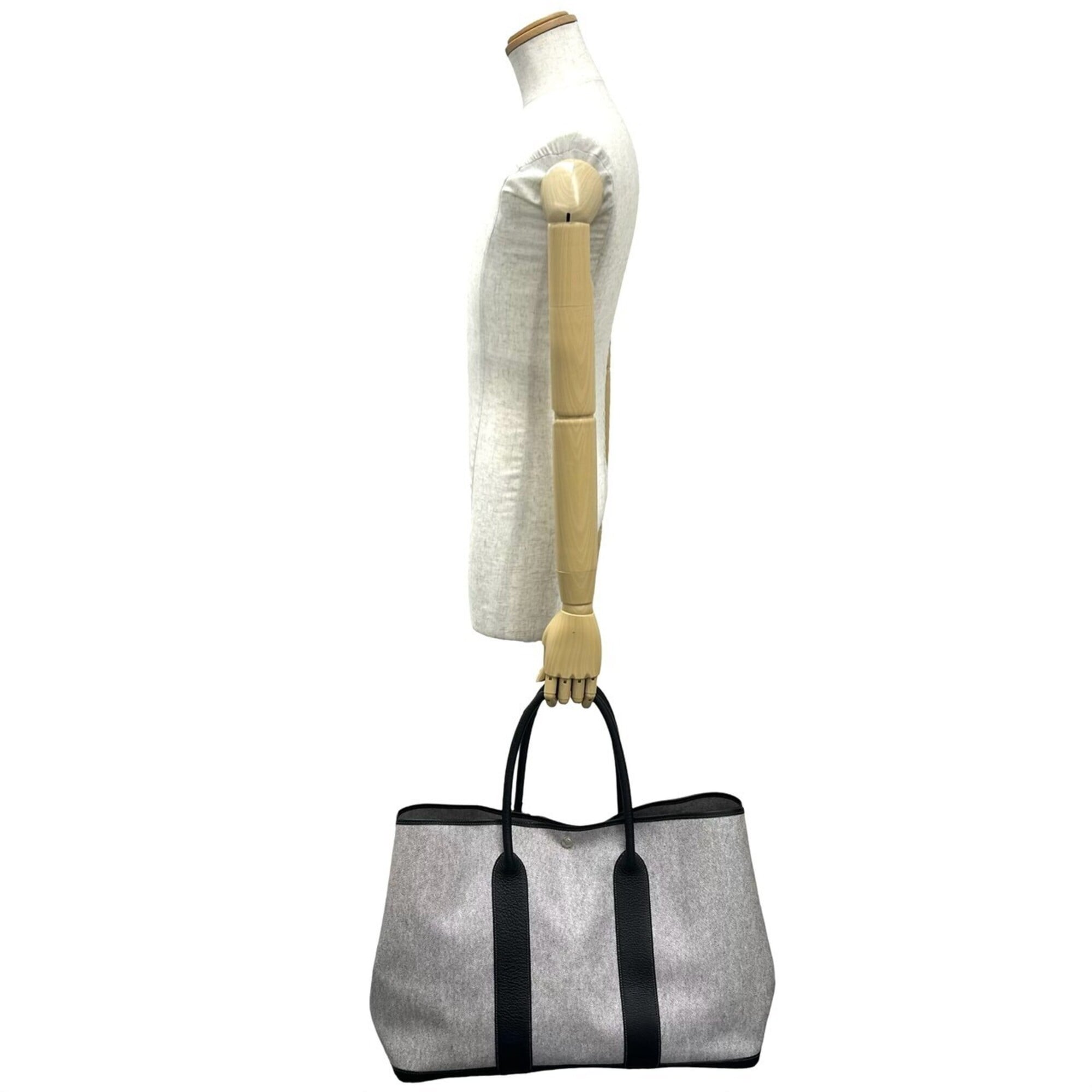 Hermes Black Gray Toile H Buffalo Leather Handbag Tote Bag (Pre-Owned)
