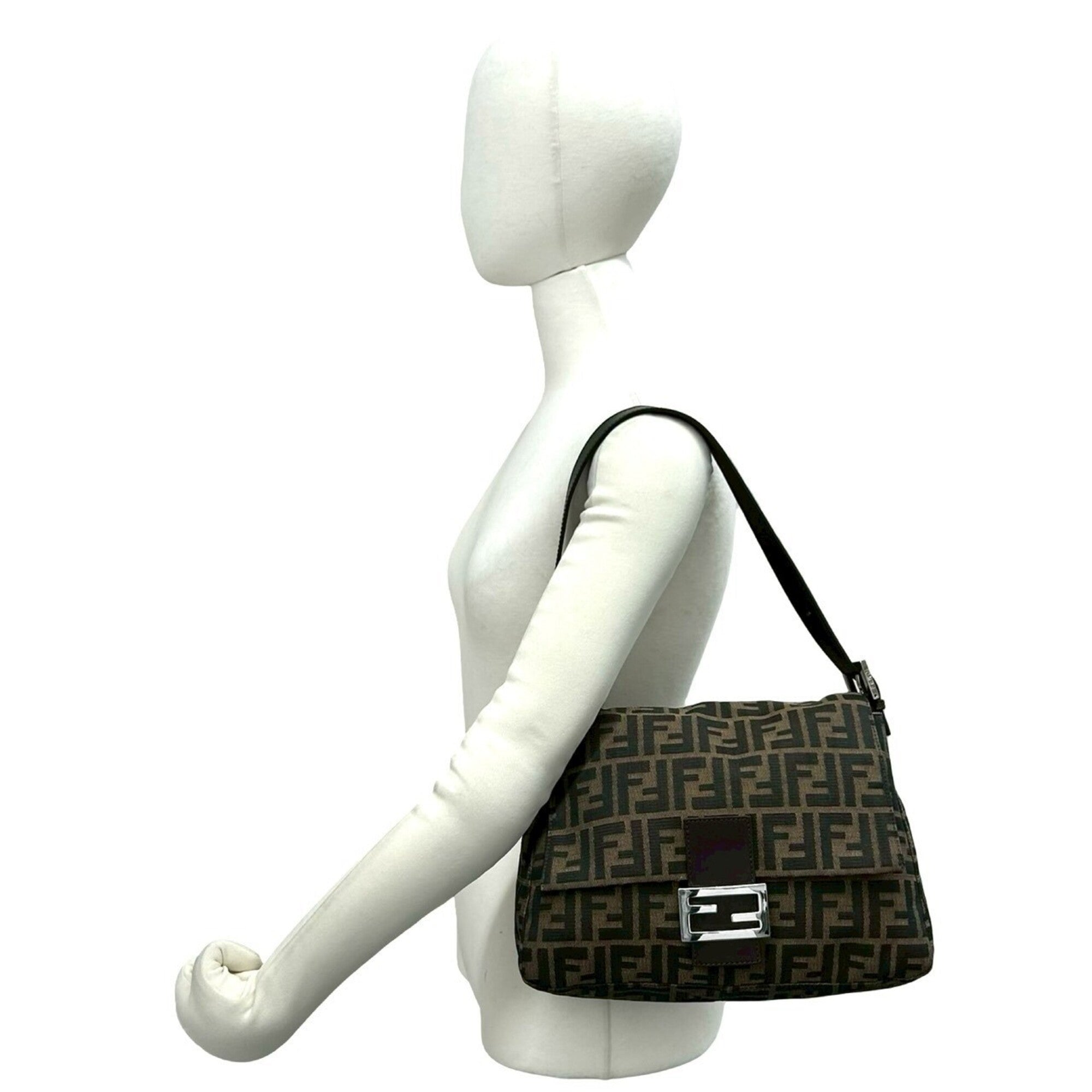 Fendi Black Brown Khaki Canvas Leather Handbag Shoulder Bag (Pre-Owned)