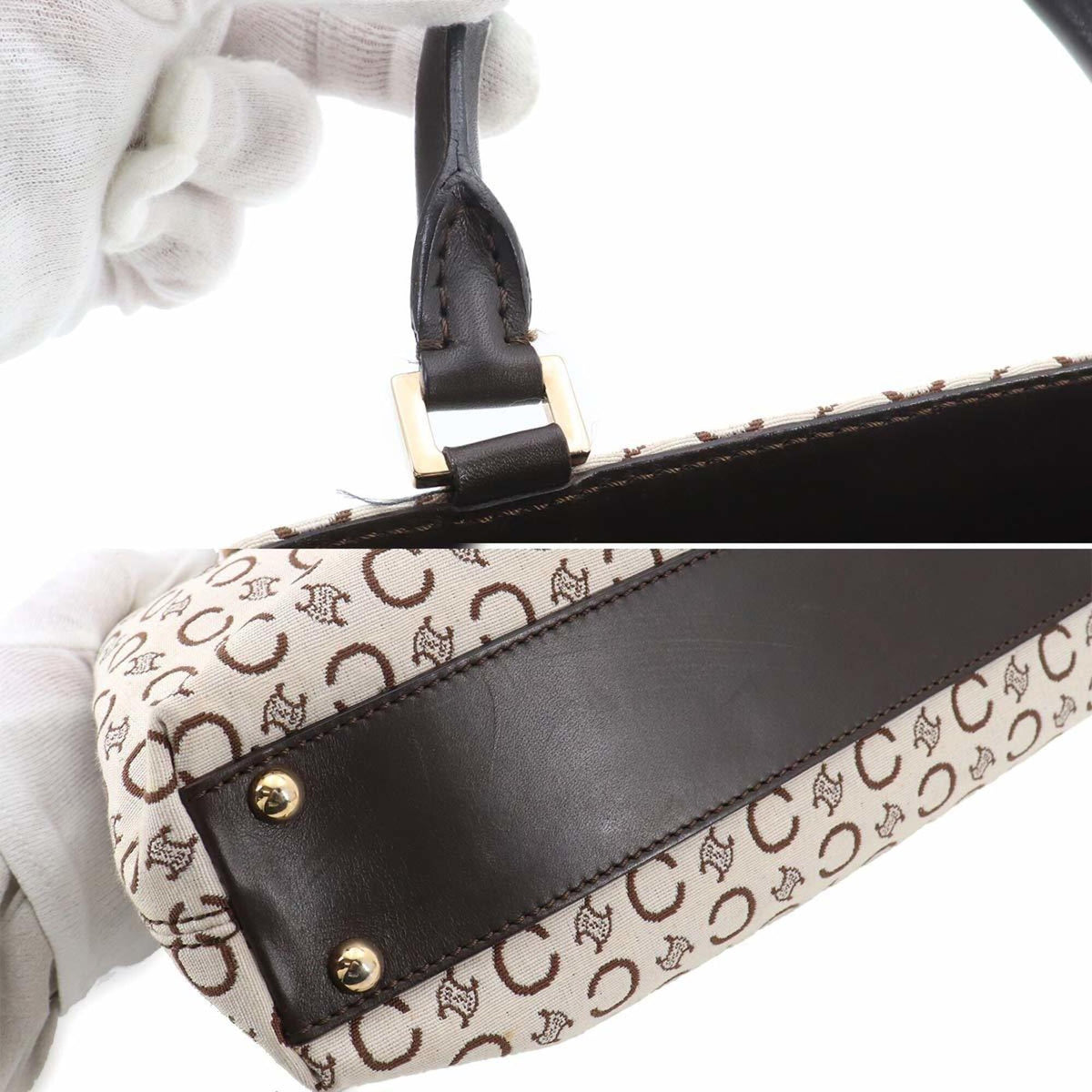 Celine Macadam Beige Brown Canvas Leather Handbag (Pre-Owned)