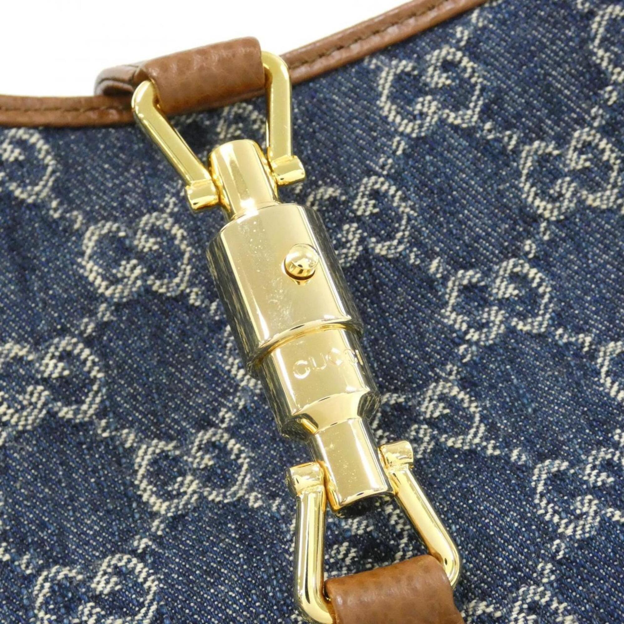 Gucci Brown Dark Blue Jacquard Denim Leather Shoulder Bag (Pre-Owned)