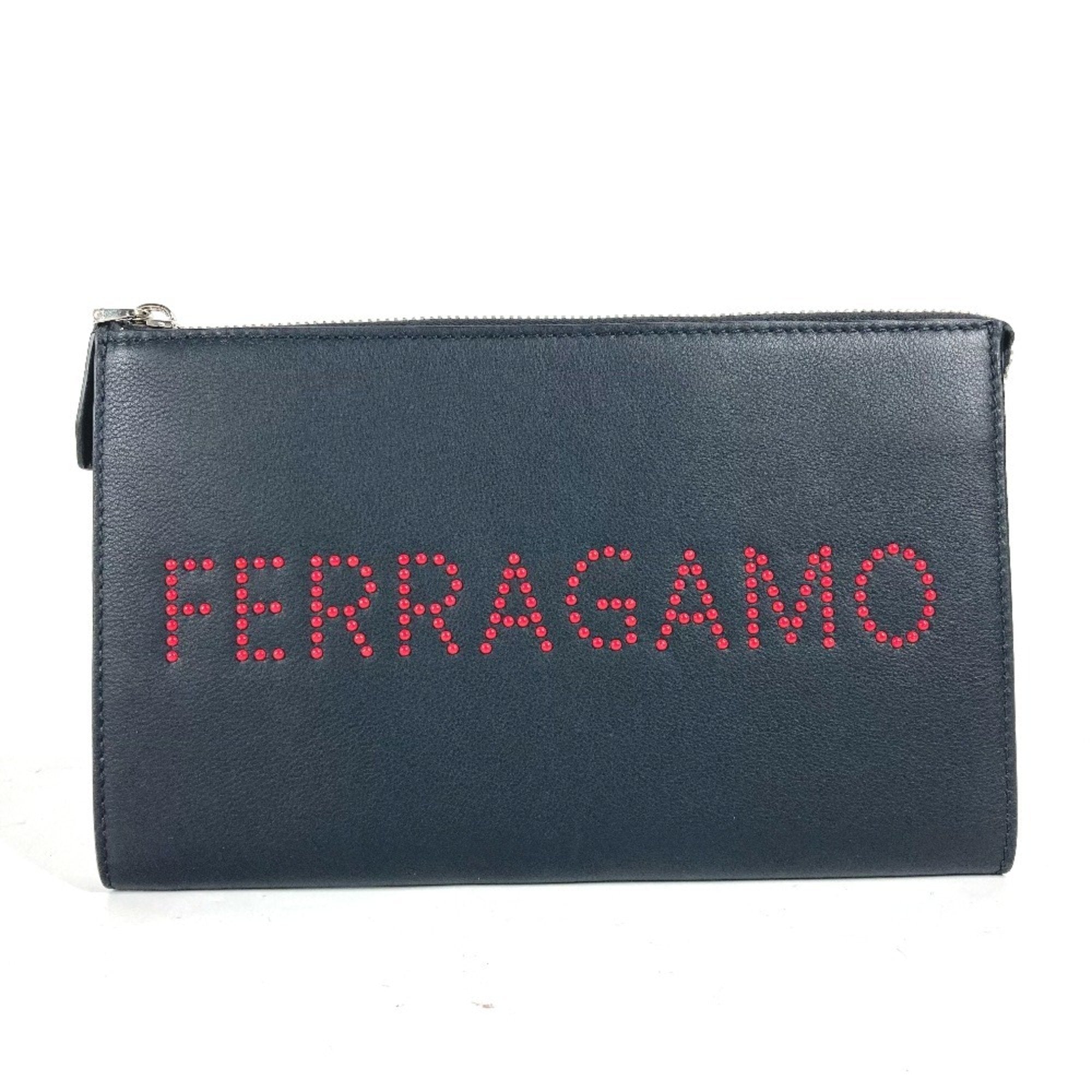 Salvatore Ferragamo Black Red Color Leather Clutch Bag Pouch (Pre-Owned)