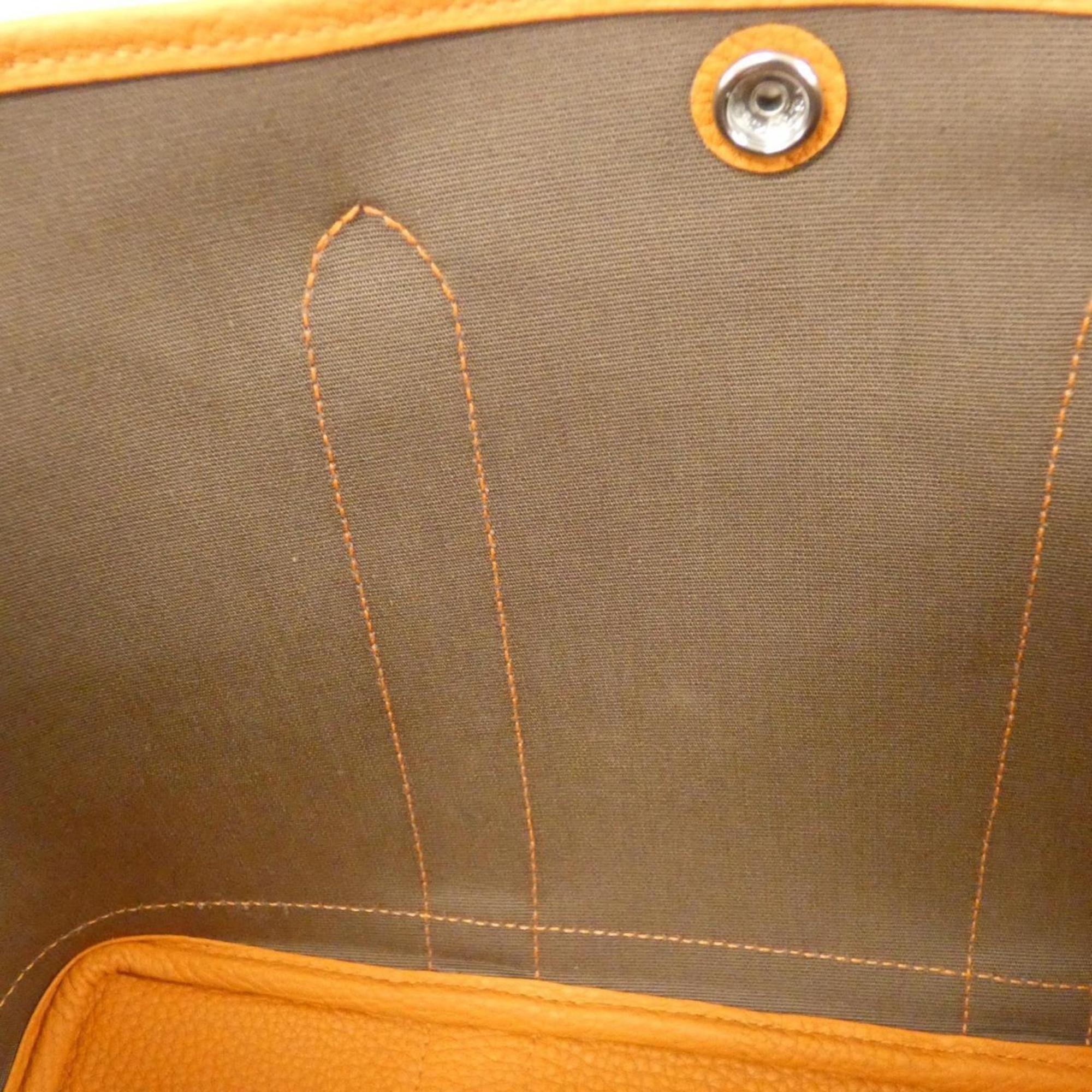 Hermes Etoupe Gray Orange Toile Officier Negonda Leather Handbag (Pre-Owned)