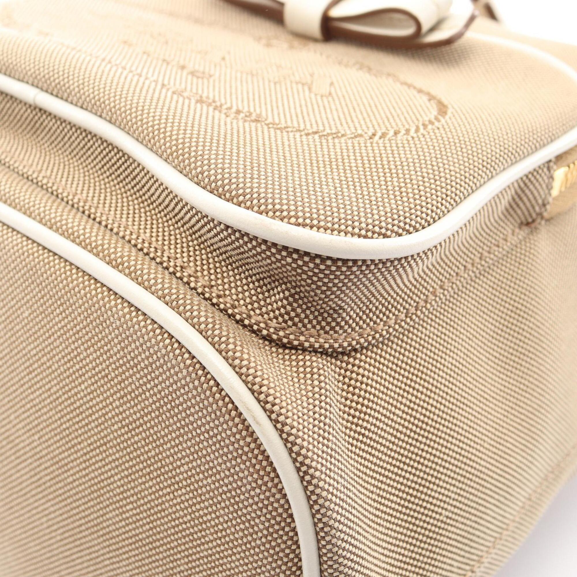 Prada Beige Brown White Canvas Leather Handbag (Pre-Owned)