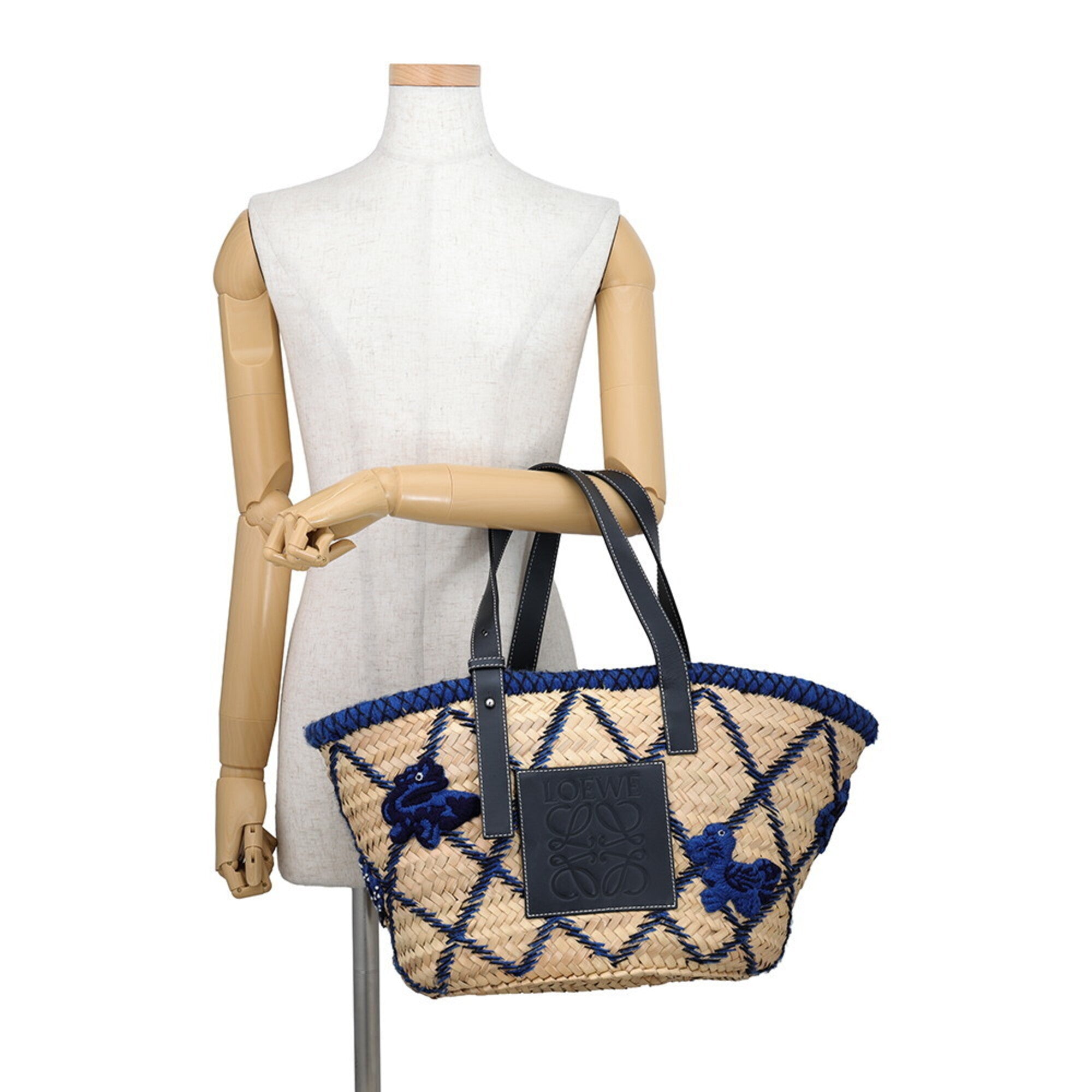 Loewe Beige Blue Navy Raffia Leather Basket Handbag (Pre-Owned)