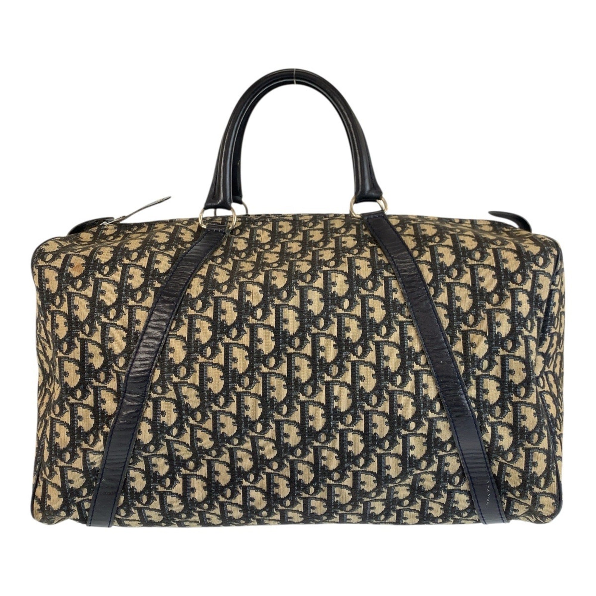 Christian Dior Beige Navy Canvas Leather Boston Bag Handbag (Pre-Owned)
