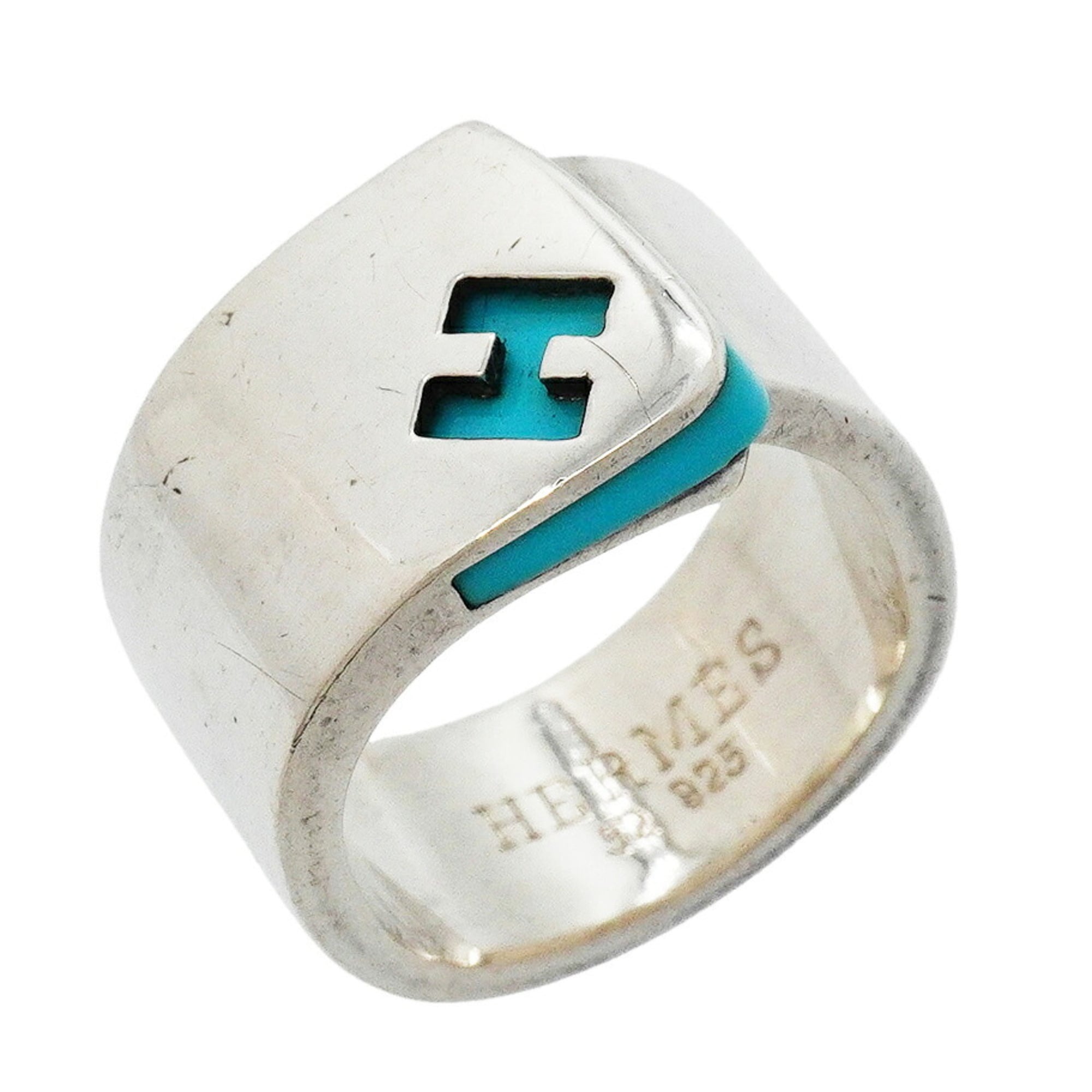 Hermes Blue Silver 925 Band Ring (Pre-Owned)