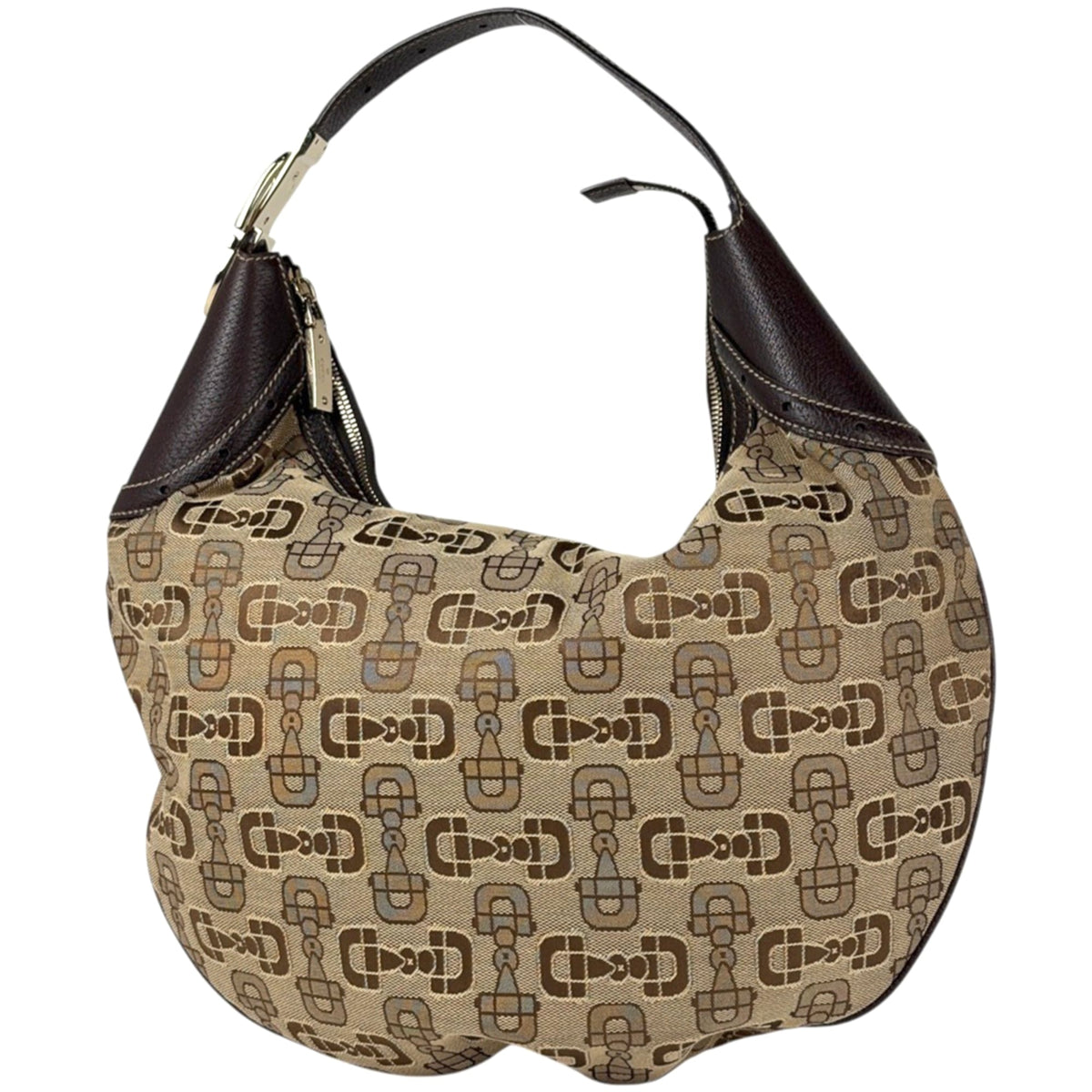 Gucci Horsebit Brown Canvas Leather Handbag (Pre-Owned)