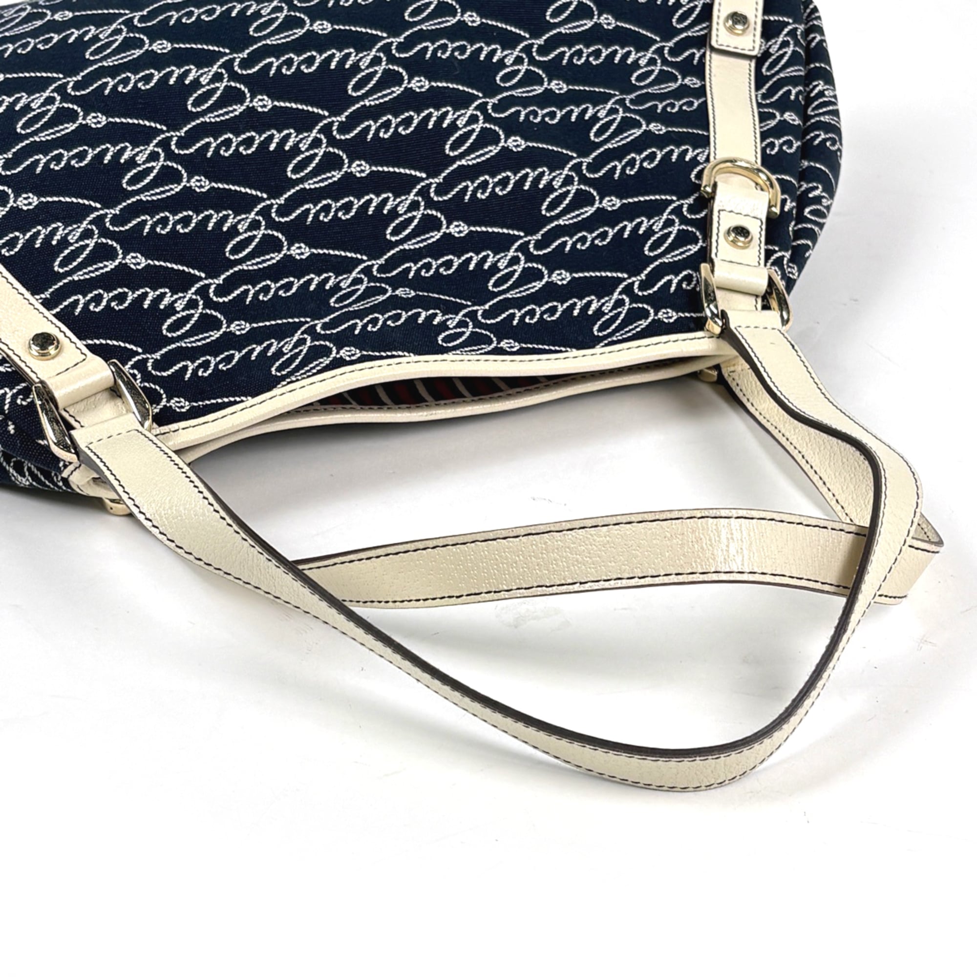 Gucci Abbey Navy White Canvas Leather Tote Bag (Pre-Owned)
