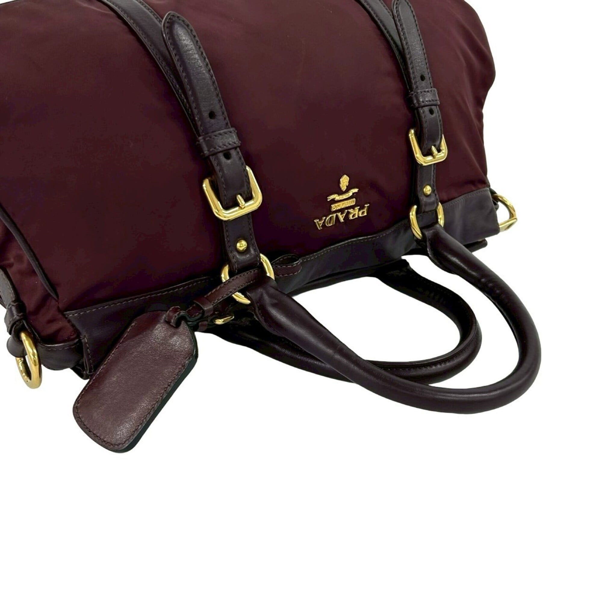 Prada Red Color Wine Leather Nylon Handbag Shoulder Bag (Pre-Owned)