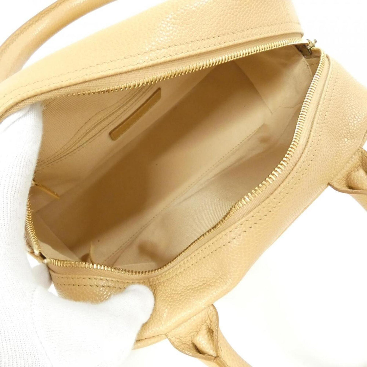Chanel Beige Grained Calfskin Boston Bag Handbag (Pre-Owned)
