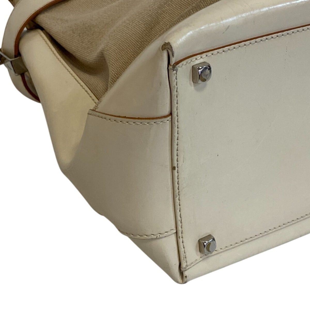 Salvatore Ferragamo Beige White Canvas Leather Handbag Shoulder Bag (Pre-Owned)