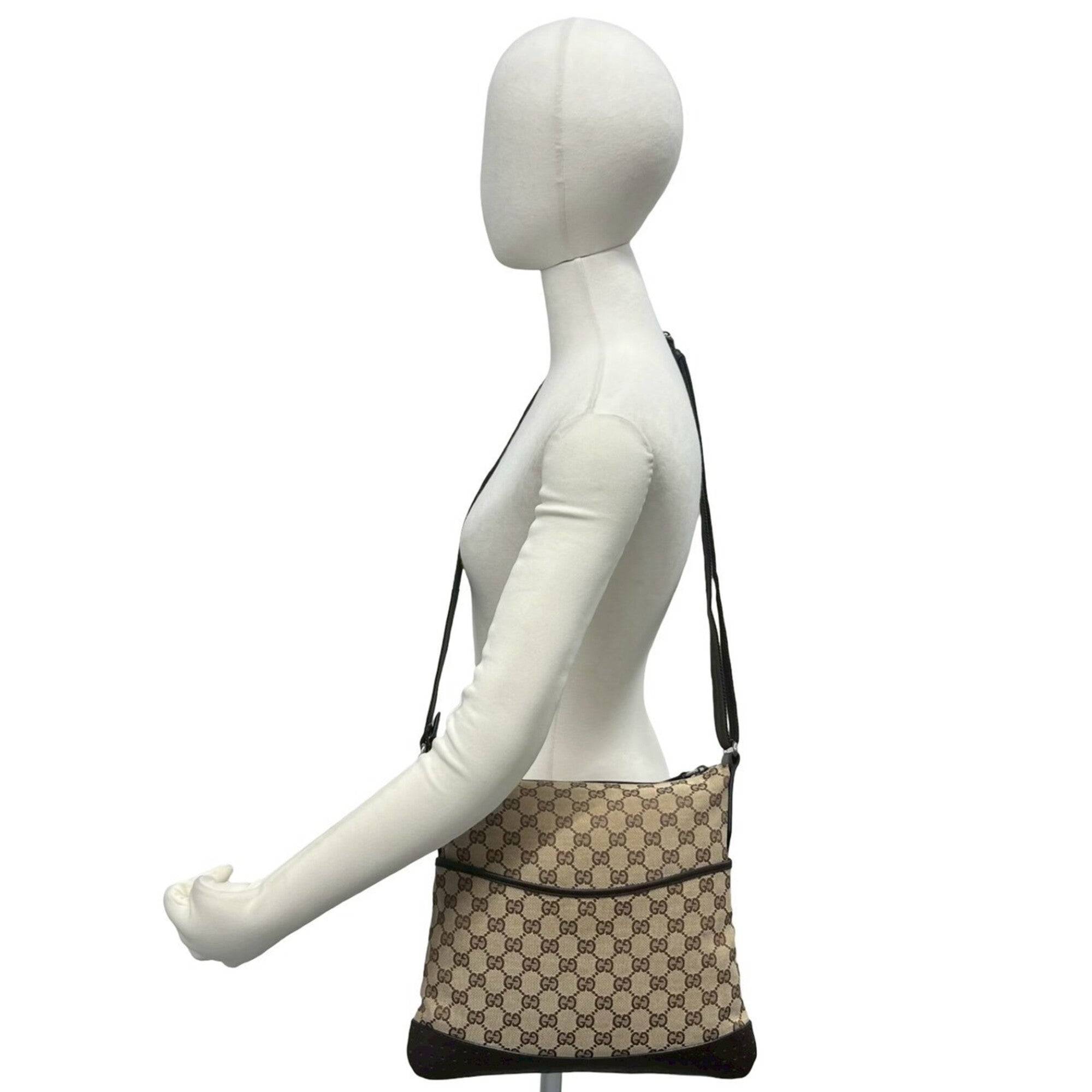 Gucci Beige Brown Canvas Leather Shoulder Bag (Pre-Owned)