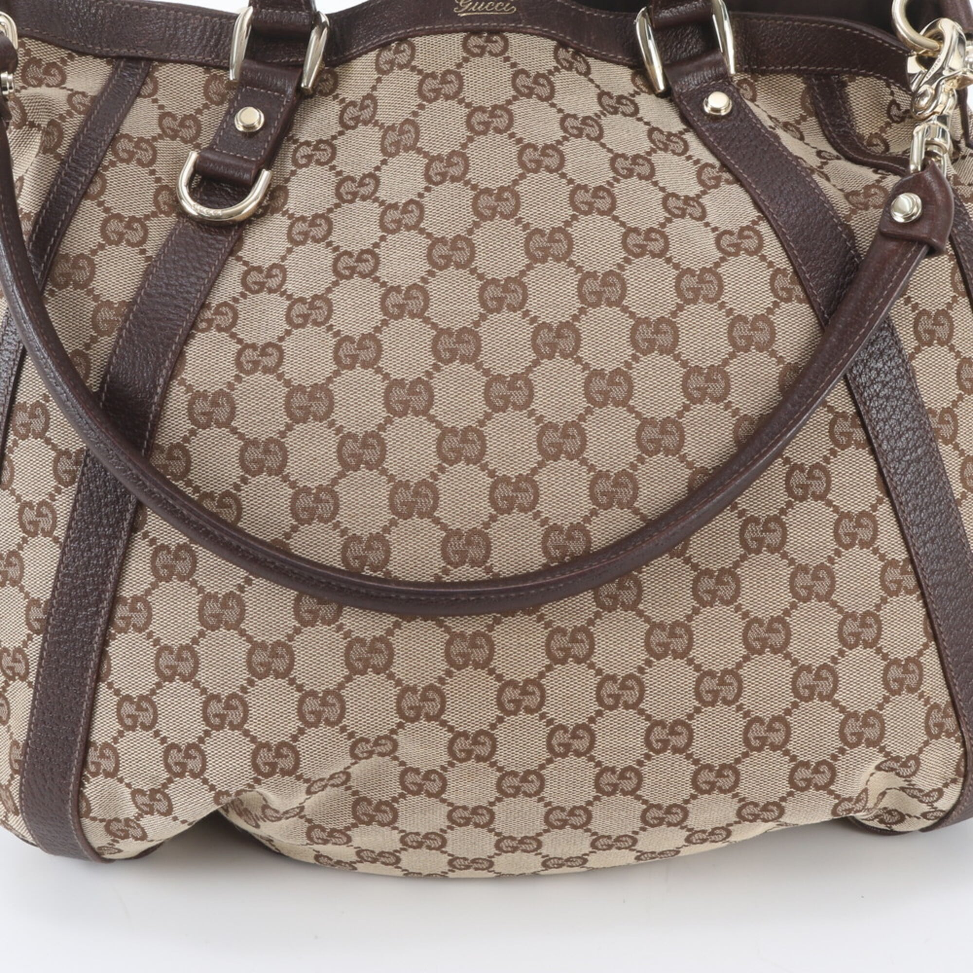 Gucci Brown Leather Canvas Handbag Shoulder Bag Tote Bag (Pre-Owned)