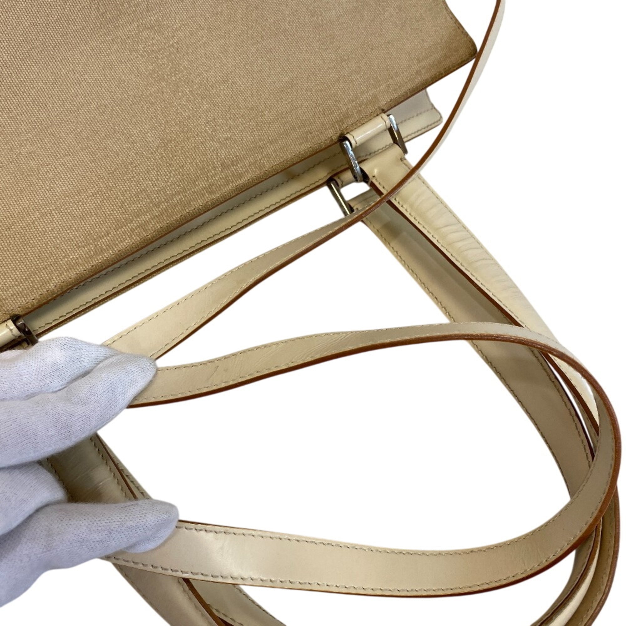 Salvatore Ferragamo Beige White Canvas Leather Handbag Shoulder Bag (Pre-Owned)