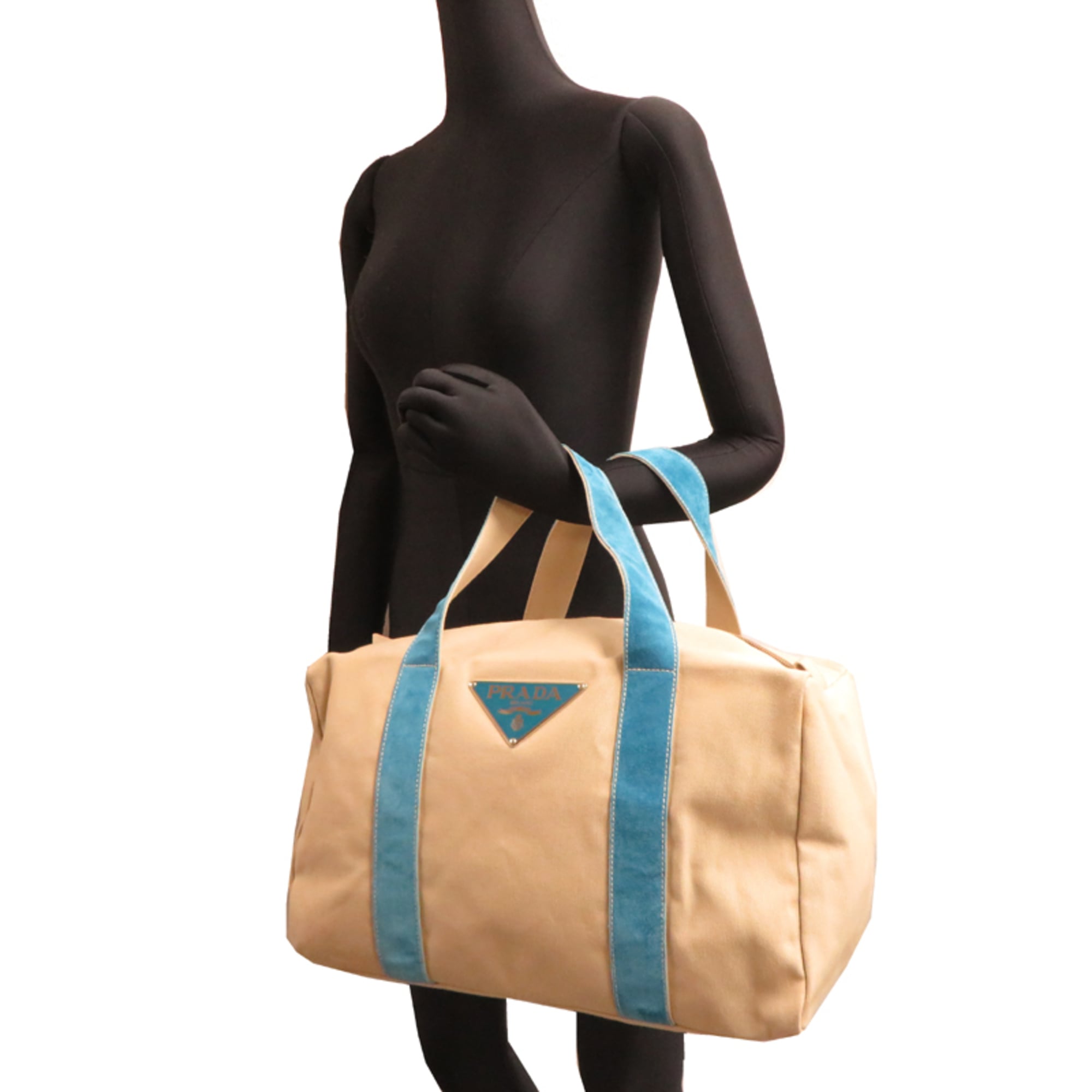 Prada Beige Blue Canvas Leather Tote Bag (Pre-Owned)