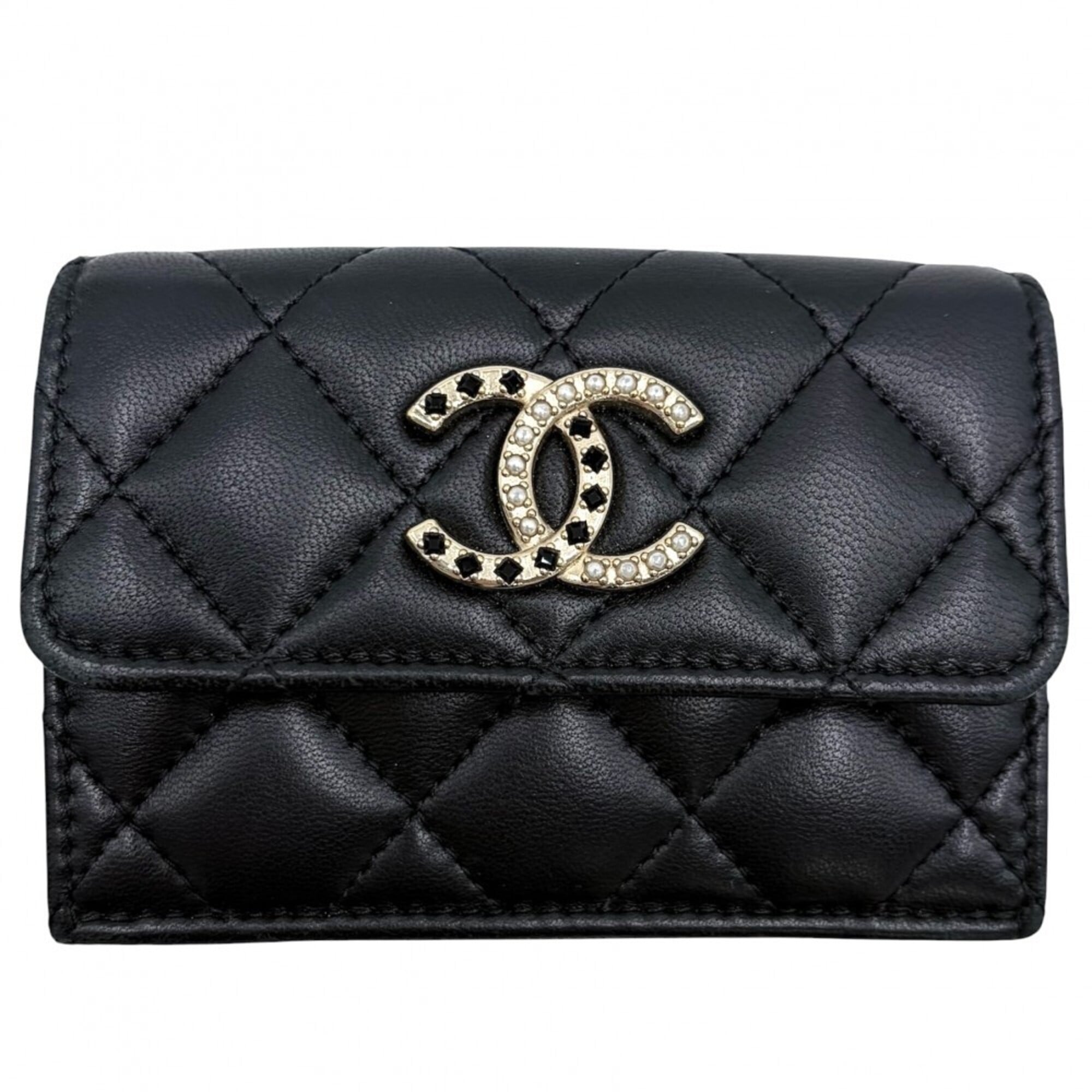 Chanel Black Rhinestone Leather Artificial Pearl Wallet (Tri-Fold) (Pre-Owned)