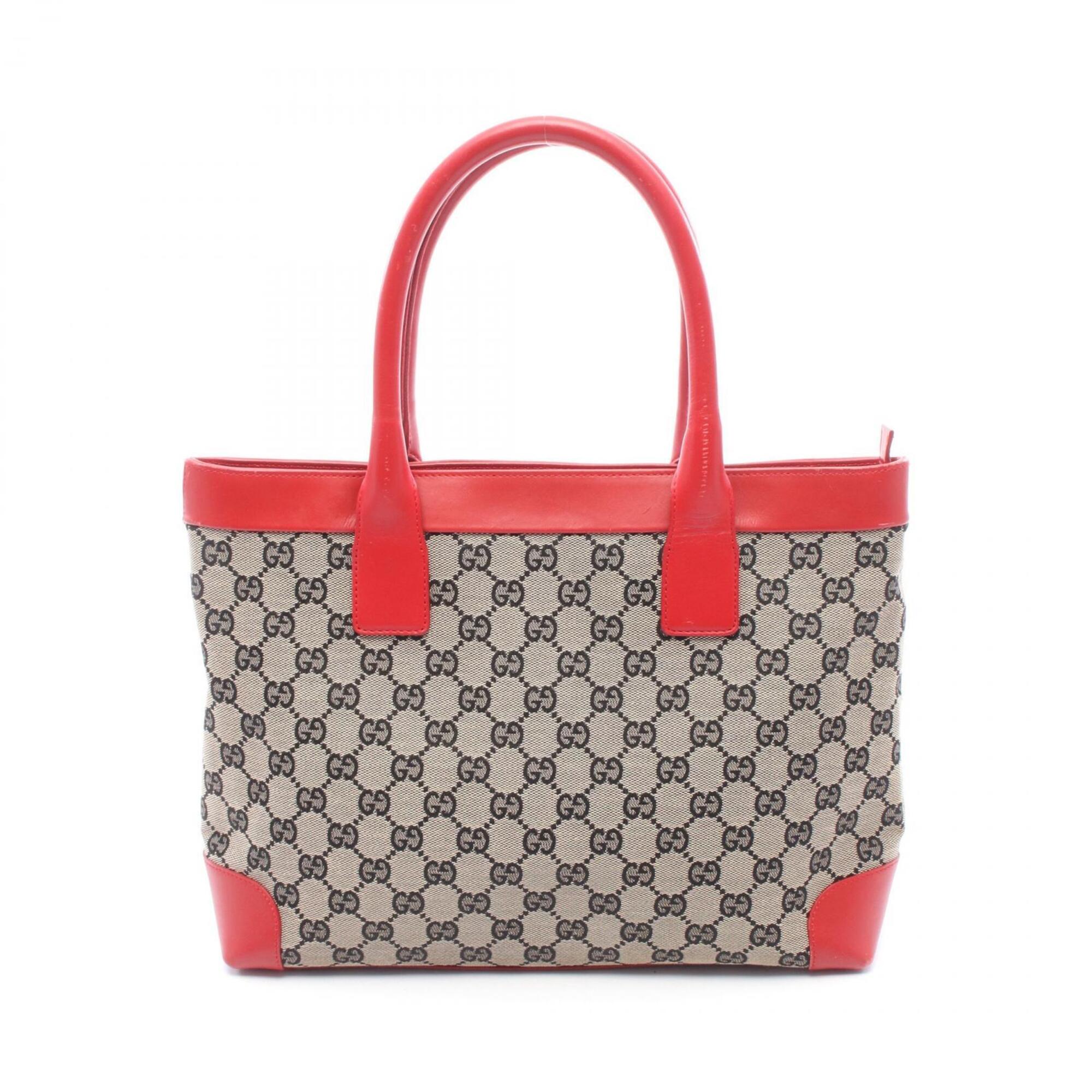 Gucci Beige Black Red Color Canvas Leather Handbag Tote Bag (Pre-Owned)