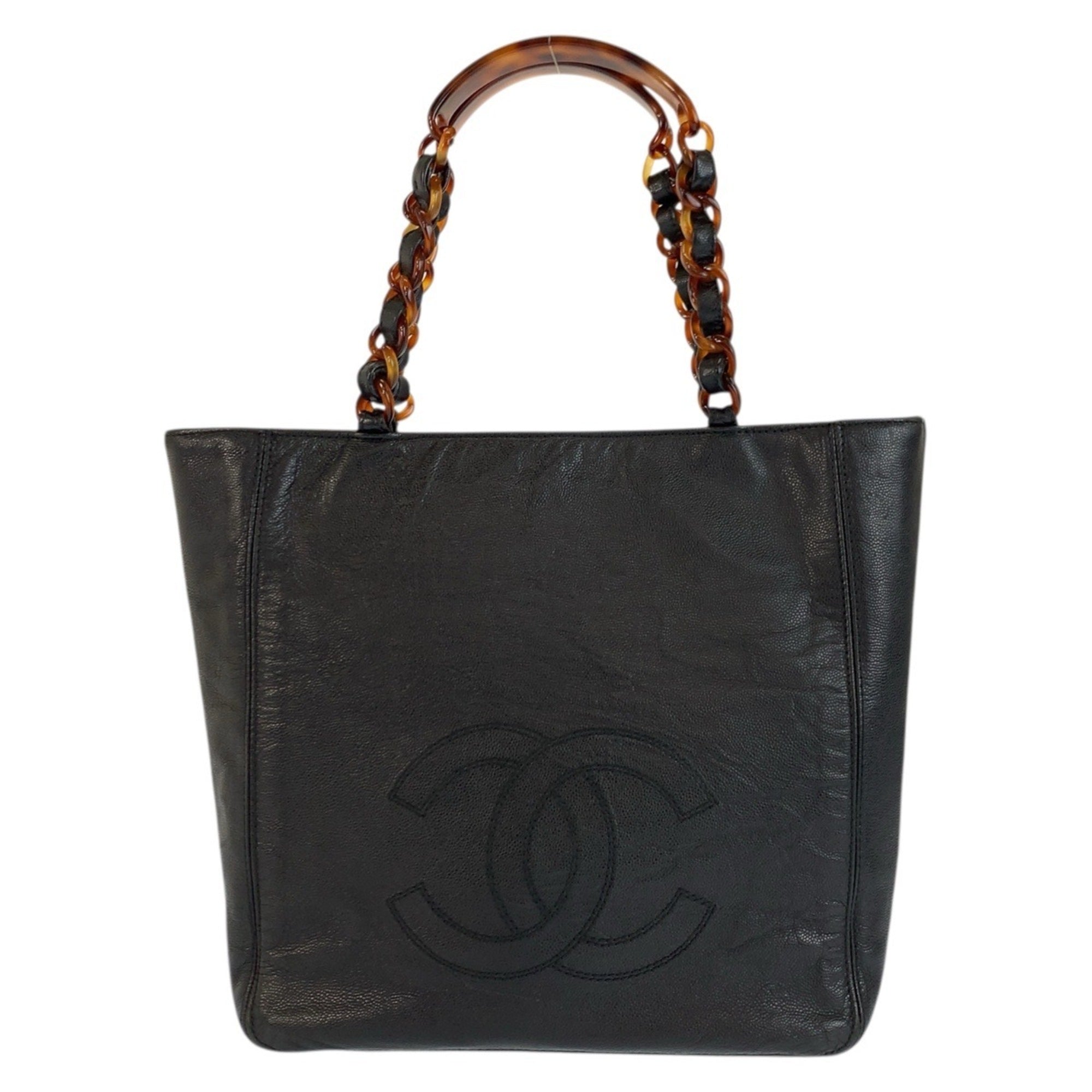 Chanel Black Marble Leather Shoulder Bag Tote Bag (Pre-Owned)