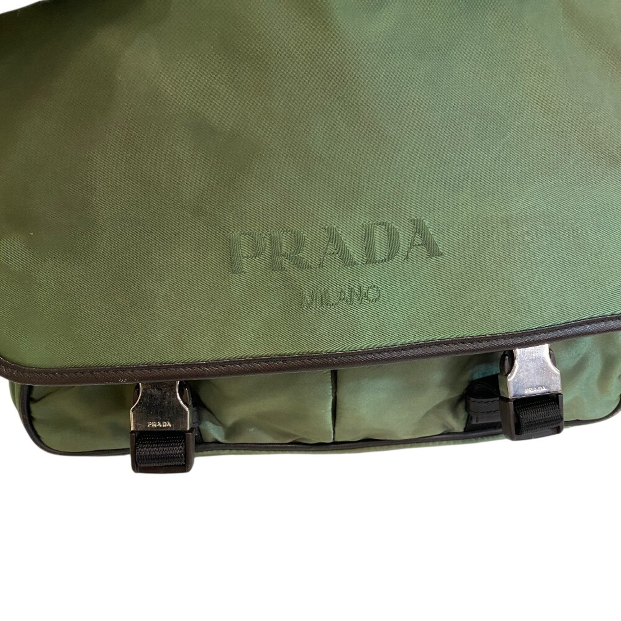 Prada Brown Green Nylon Leather Messenger Bag Shoulder Bag (Pre-Owned)