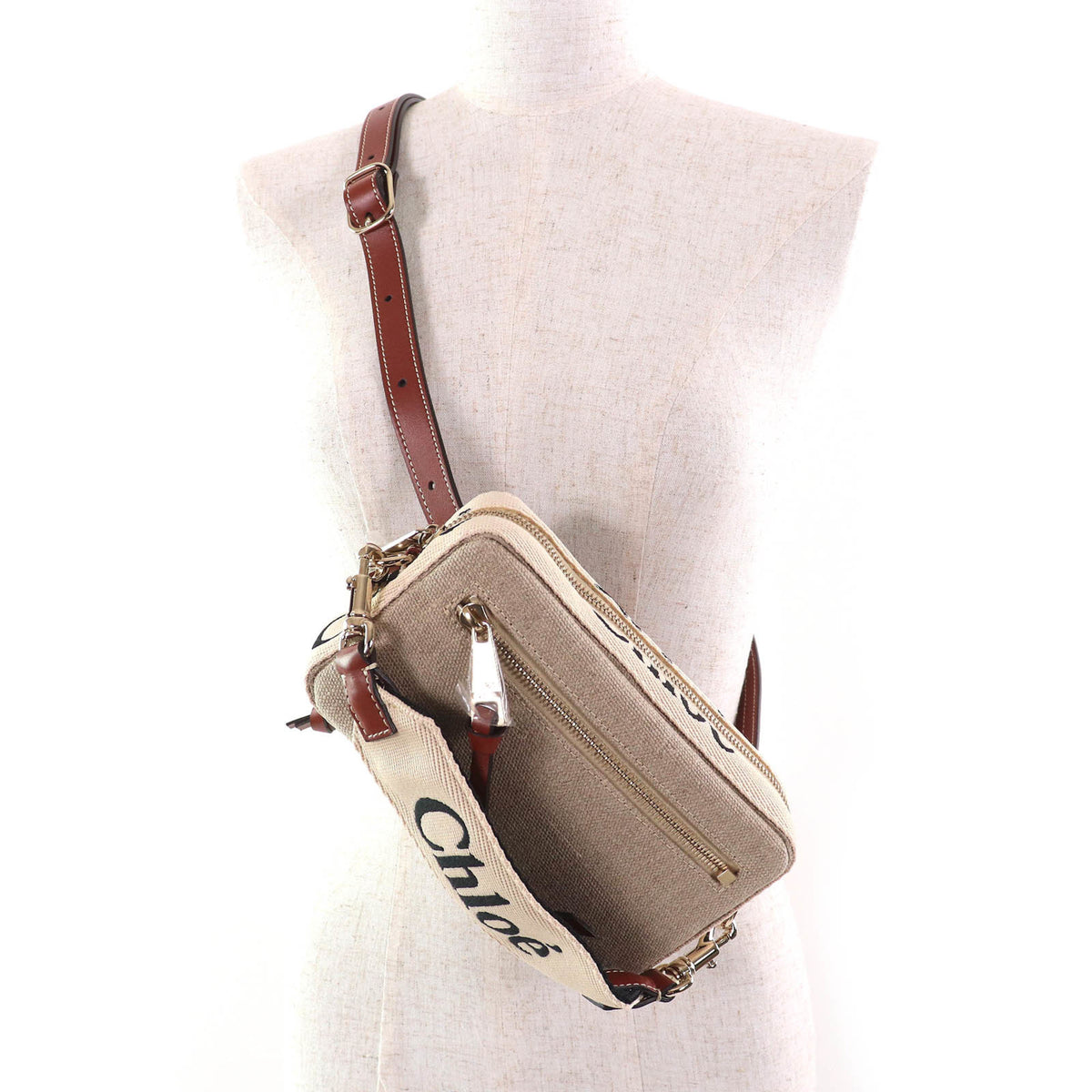 Chloé Beige Brown Linen Pouch Shoulder Bag (Pre-Owned)