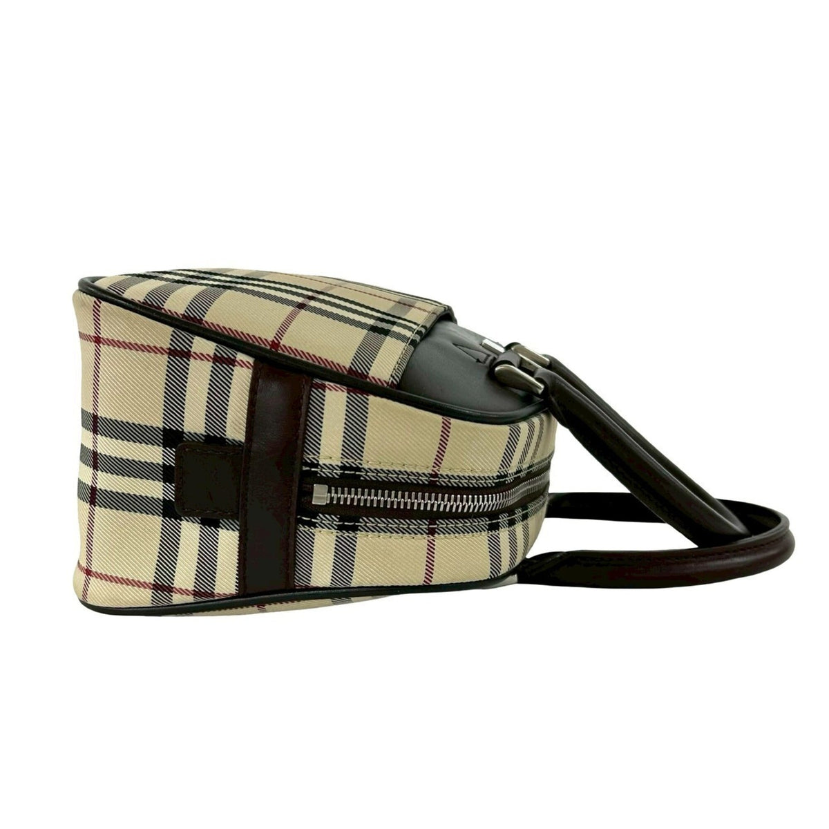 Burberry Beige Brown Leather Canvas Boston Bag Handbag (Pre-Owned)