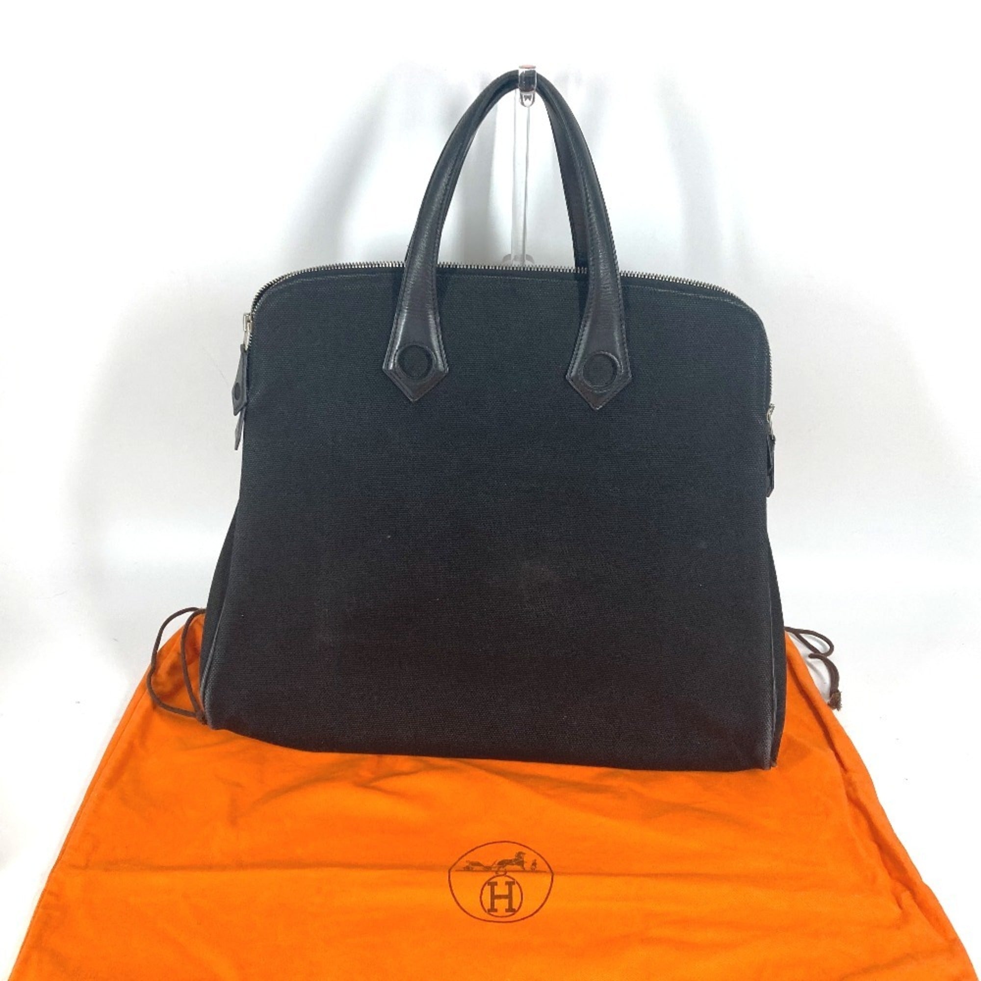 Hermes Black Leather Canvas Handbag Tote Bag (Pre-Owned)
