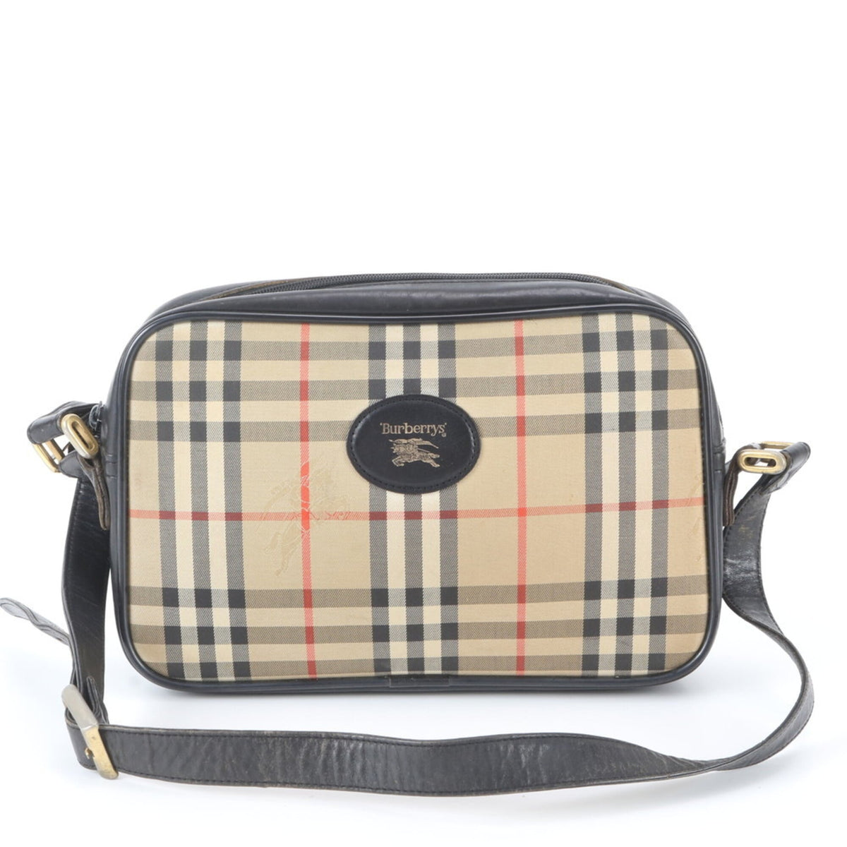 Burberry Black Leather Canvas Crossbody Bag Shoulder Bag (Pre-Owned)