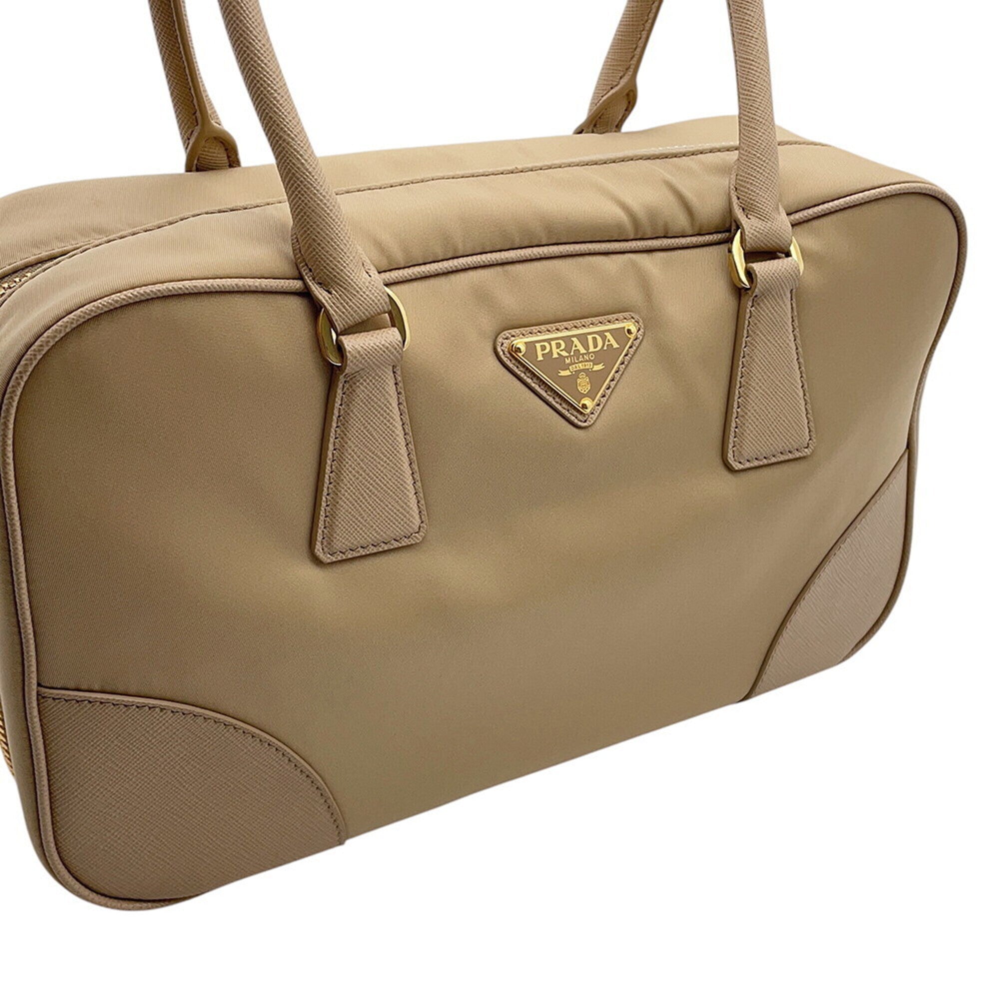 Prada Beige Nylon Leather Handbag Shoulder Bag (Pre-Owned)