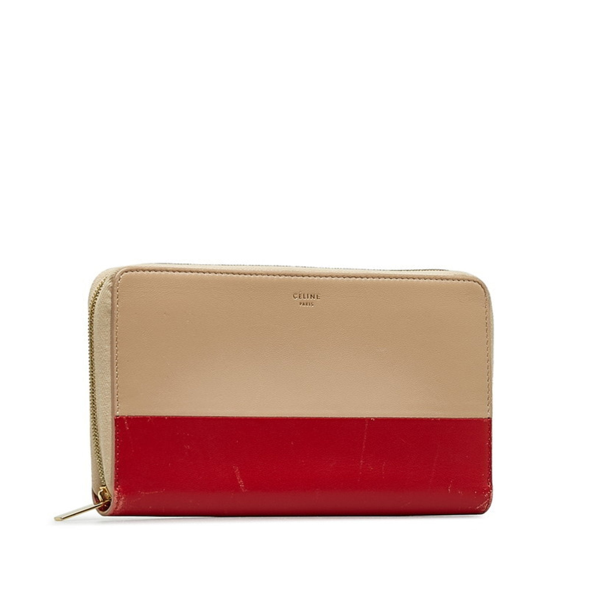 Celine Beige Red Color Leather Long Wallet (Bi-Fold) (Pre-Owned)