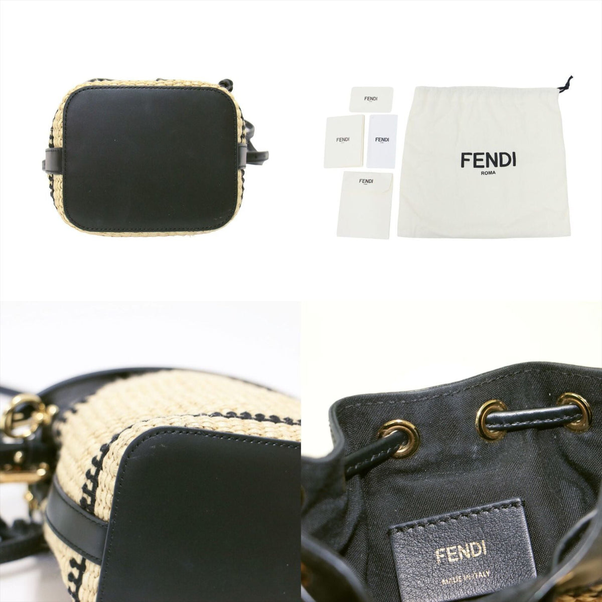 Fendi Beige Black Straw Leather Handbag Shoulder Bag (Pre-Owned)