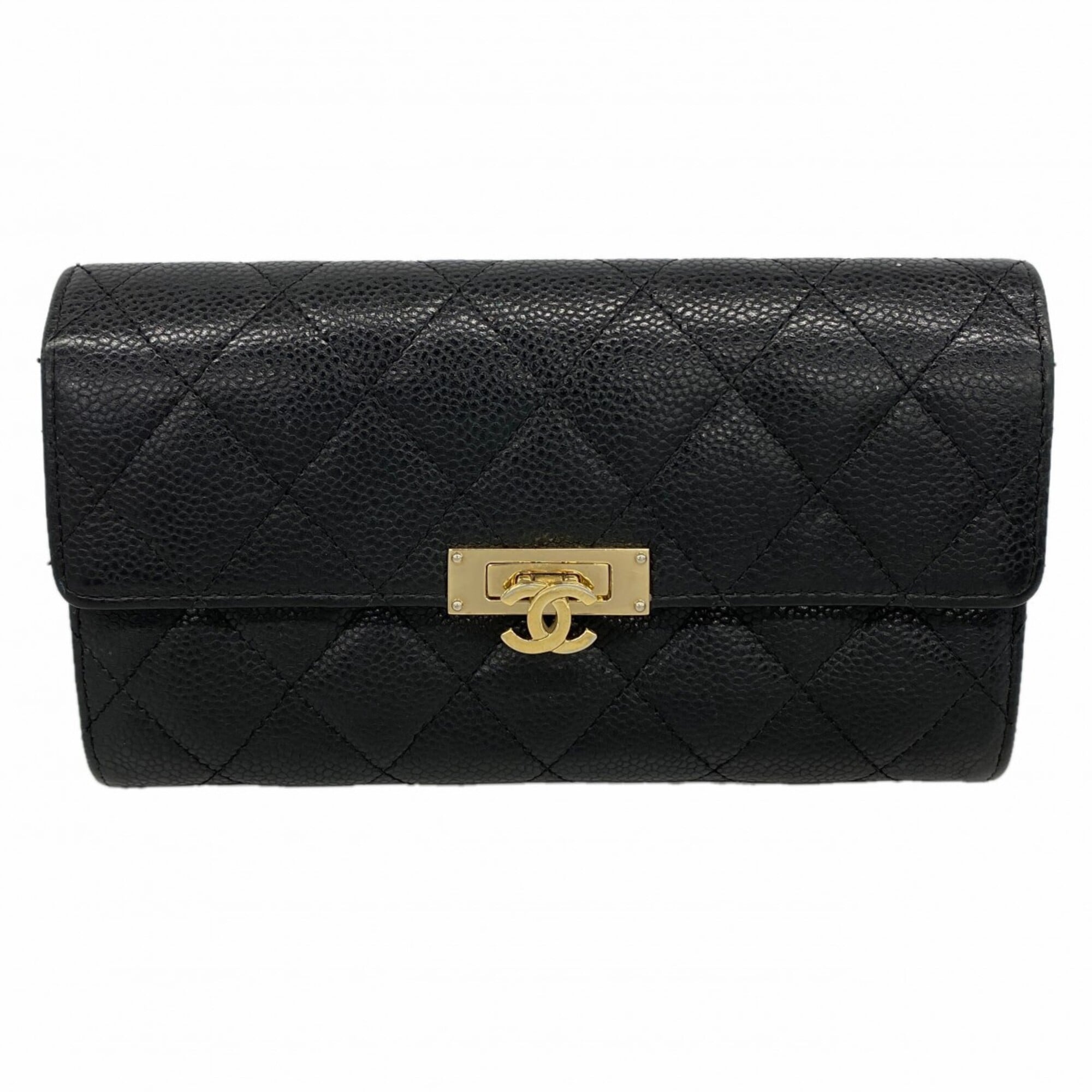 Chanel Black Grained Calfskin Long Wallet (Bi-Fold) (Pre-Owned)