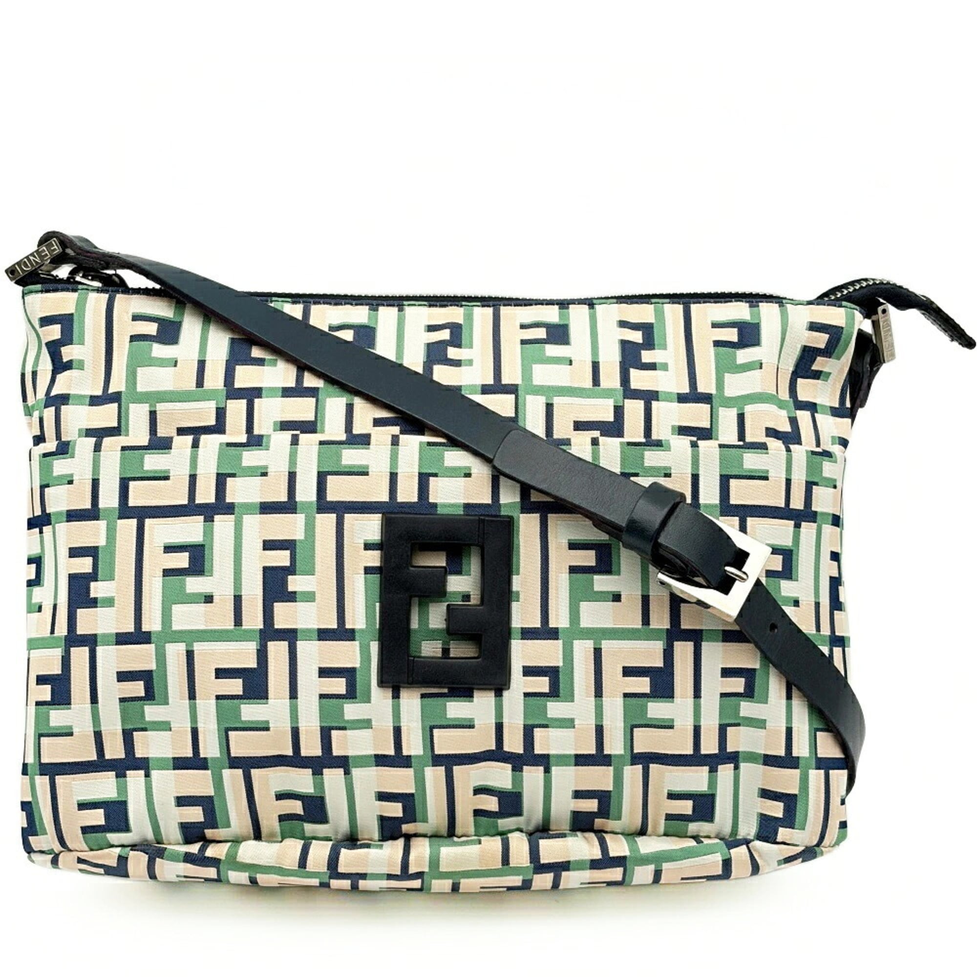Fendi Beige Green Ivory Navy Zucca Nylon Canvas Leather Shoulder Bag (Pre-Owned)
