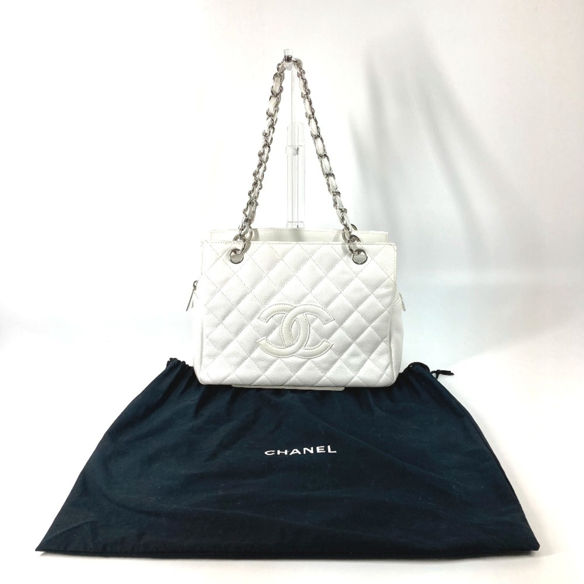 Chanel Matelasse Silver White Caviar Leather Shoulder Bag Tote Bag (Pre-Owned)