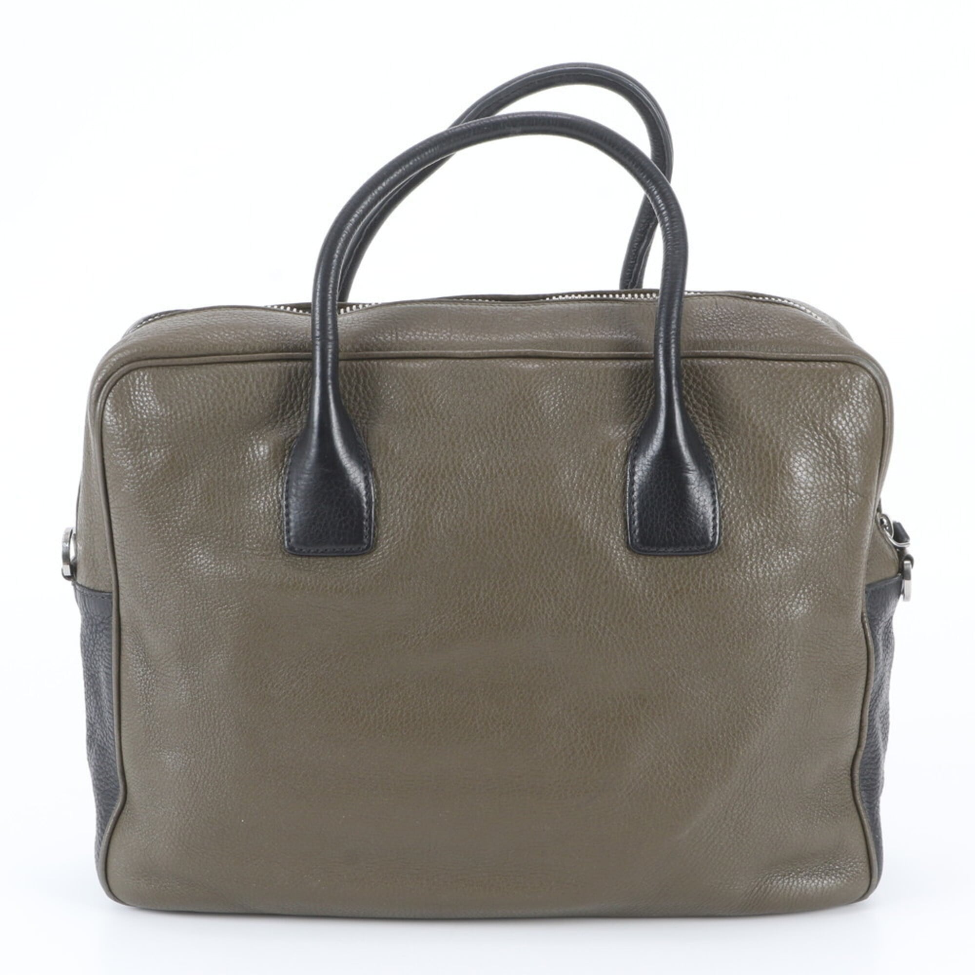 Prada Black Green Khaki Leather Briefcase Tote Bag (Pre-Owned)