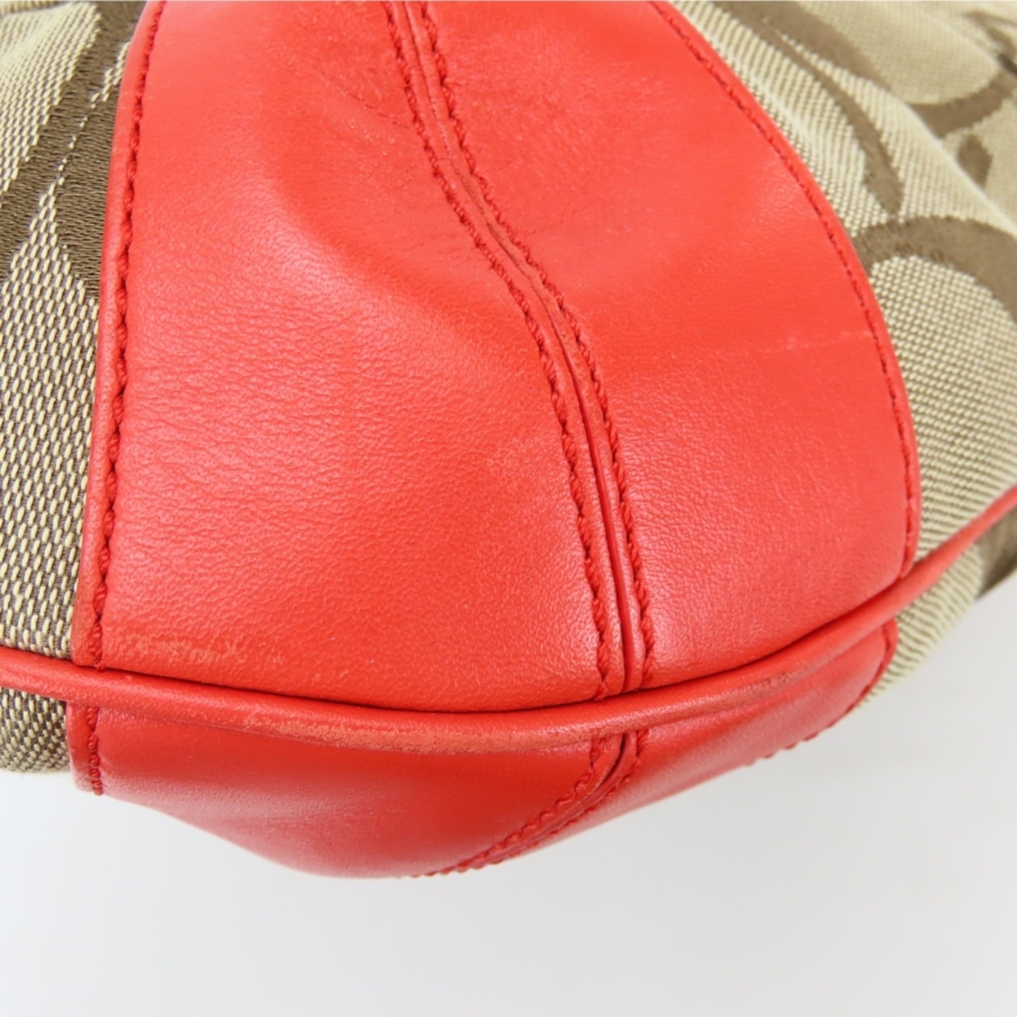Coach Signature Beige Pink Red Color Canvas Leather Shoulder Bag (Pre-Owned)
