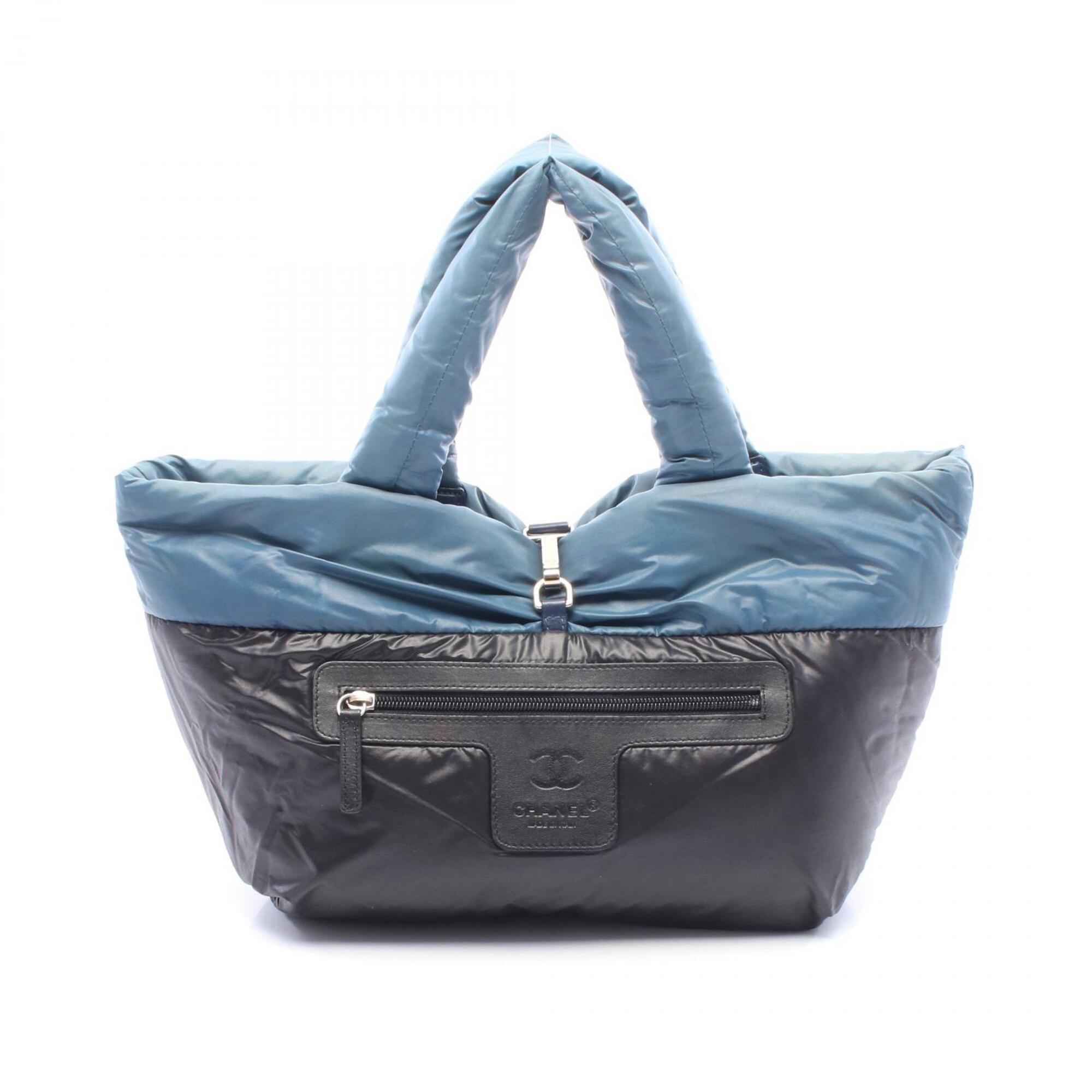 Chanel Green Navy Nylon Leather Handbag Tote Bag (Pre-Owned)