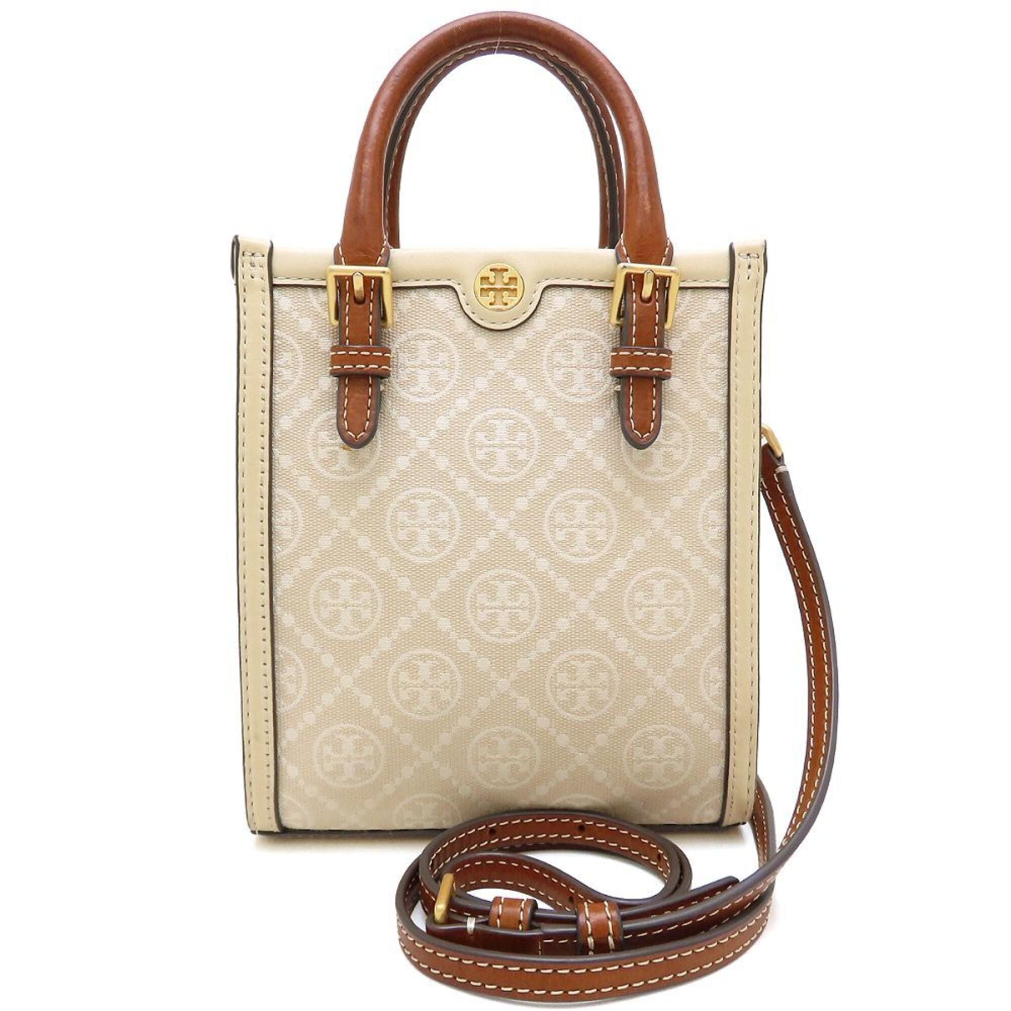 Tory Burch Brown Ivory Canvas Leather Shoulder Bag (Pre-Owned)