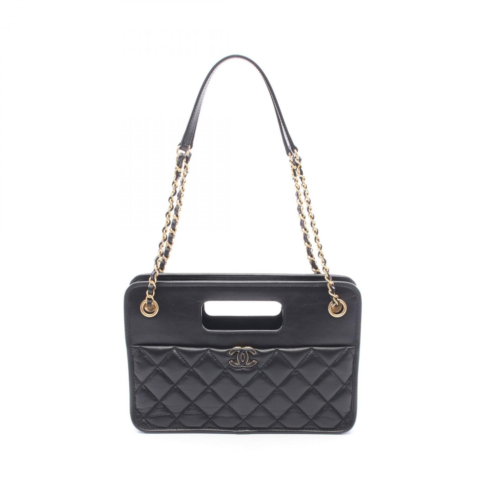 Chanel Black Leather Handbag Shopping Bag Shoulder Bag (Pre-Owned)
