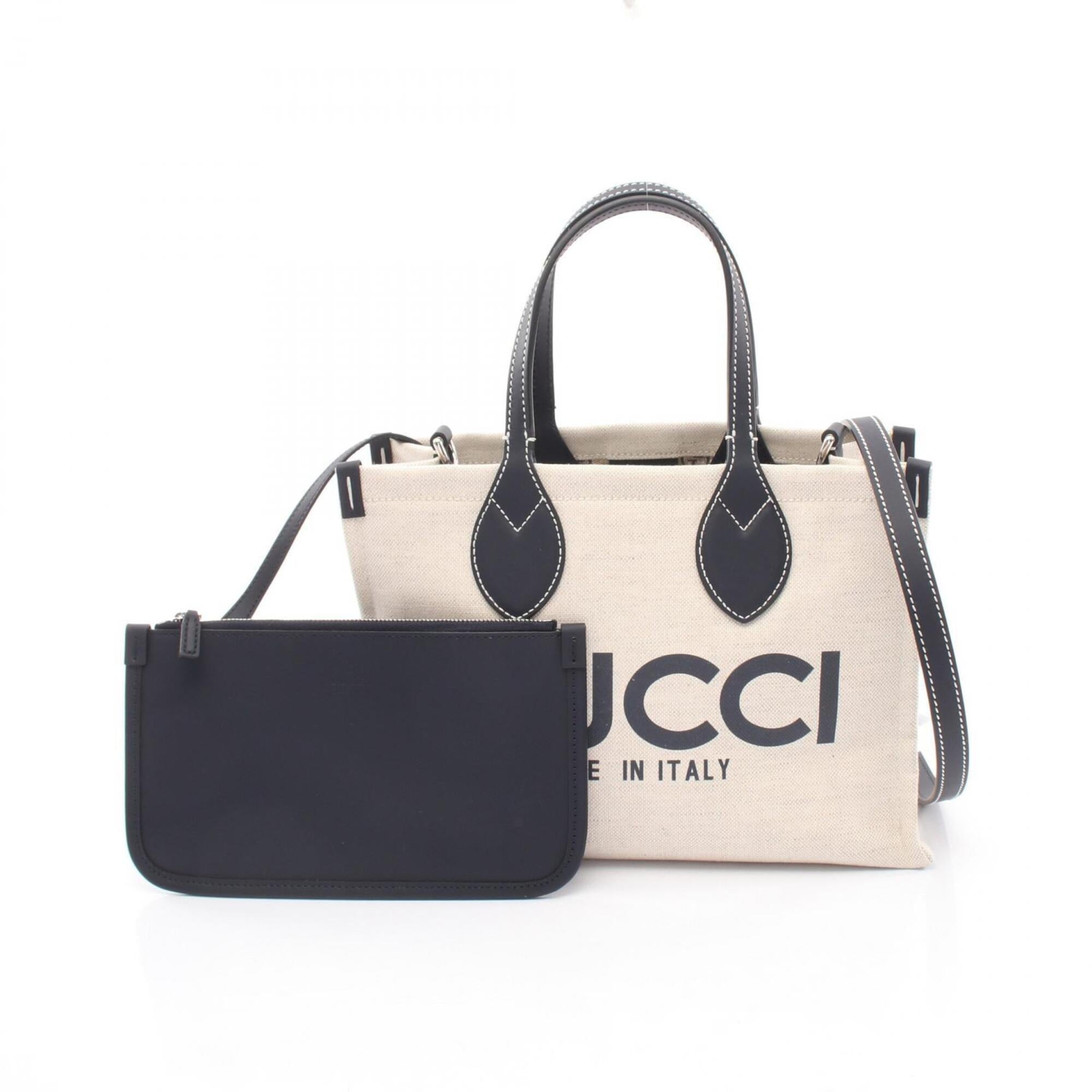 Gucci Navy White Canvas Leather Handbag Pouch Tote Bag (Pre-Owned)
