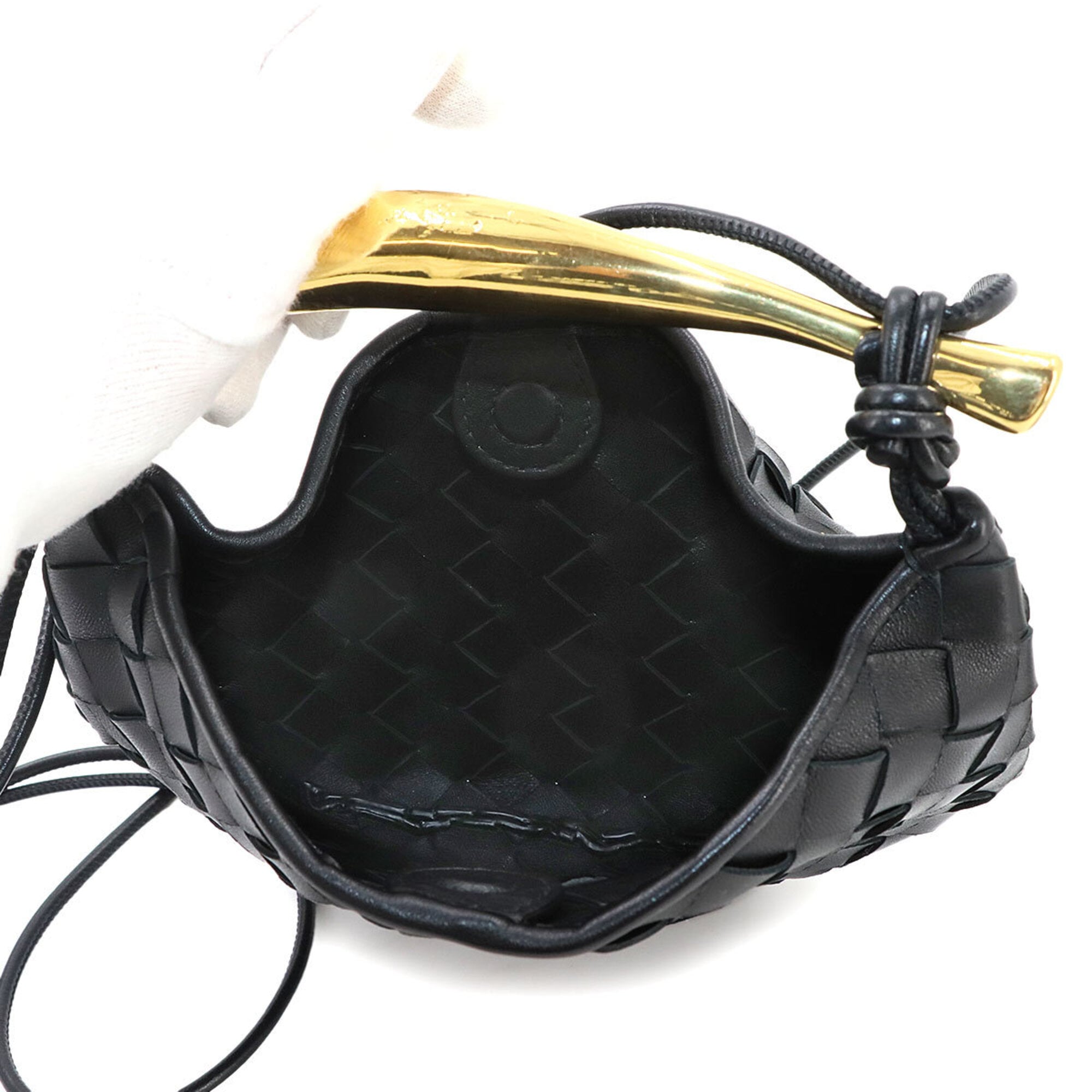 Bottega Veneta Intrecciato Black Leather Handbag Shoulder Bag (Pre-Owned)