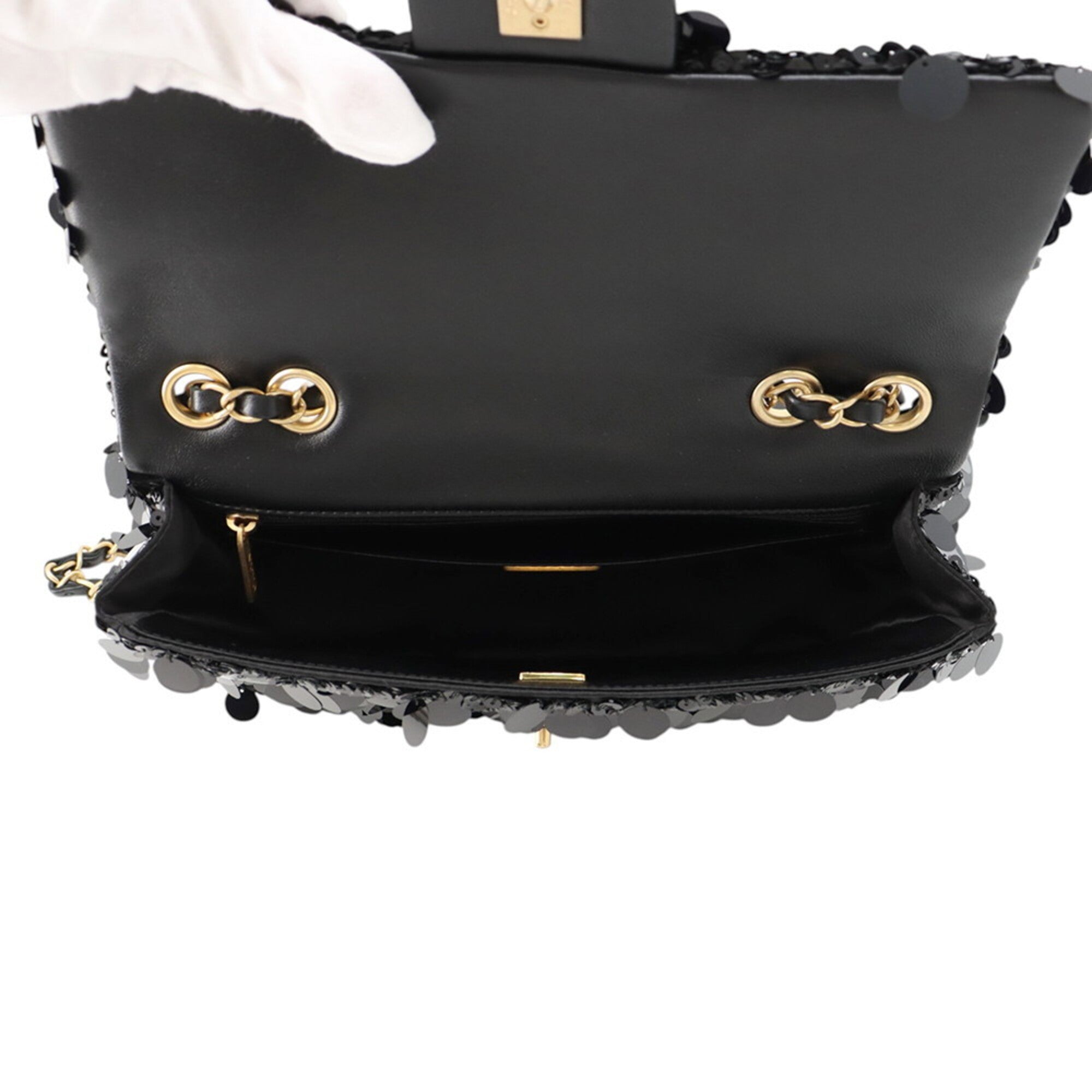 Chanel Matelasse Black Satin Leather Spangles Handbag Shoulder Bag (Pre-Owned)
